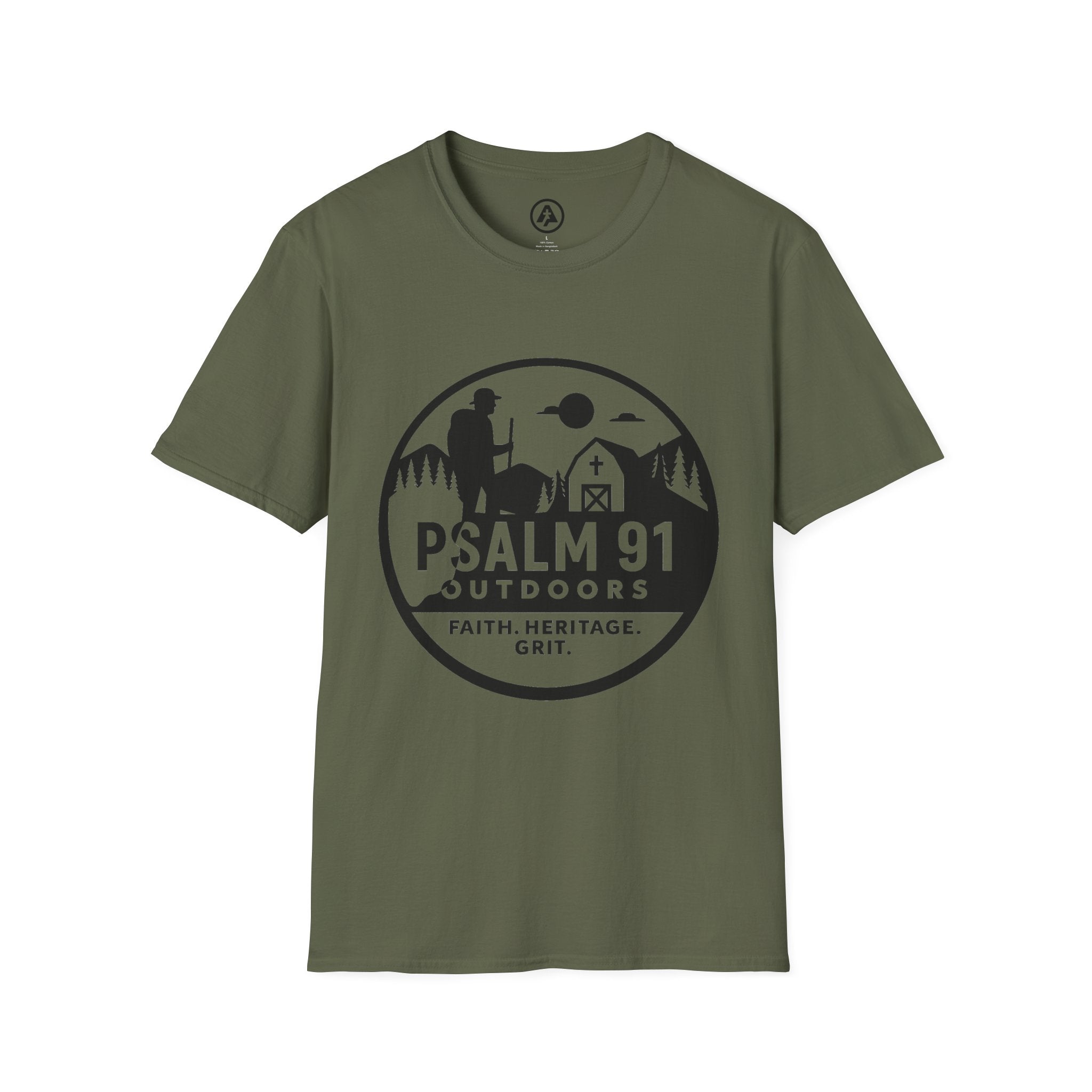 Green t-shirt with 'Psalm 91 Outdoors' logo on a white background