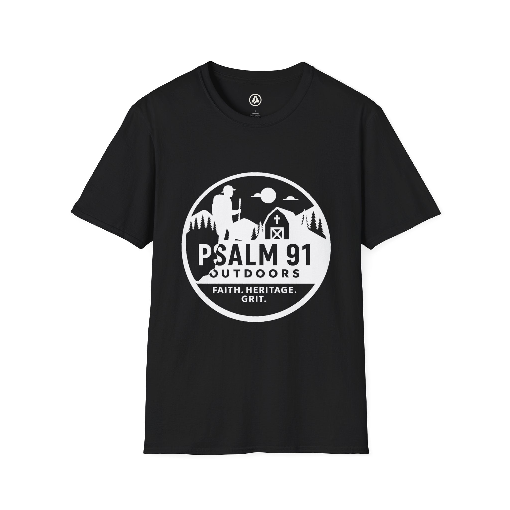 Black t-shirt with Psalm 91 Outdoors logo on a white background