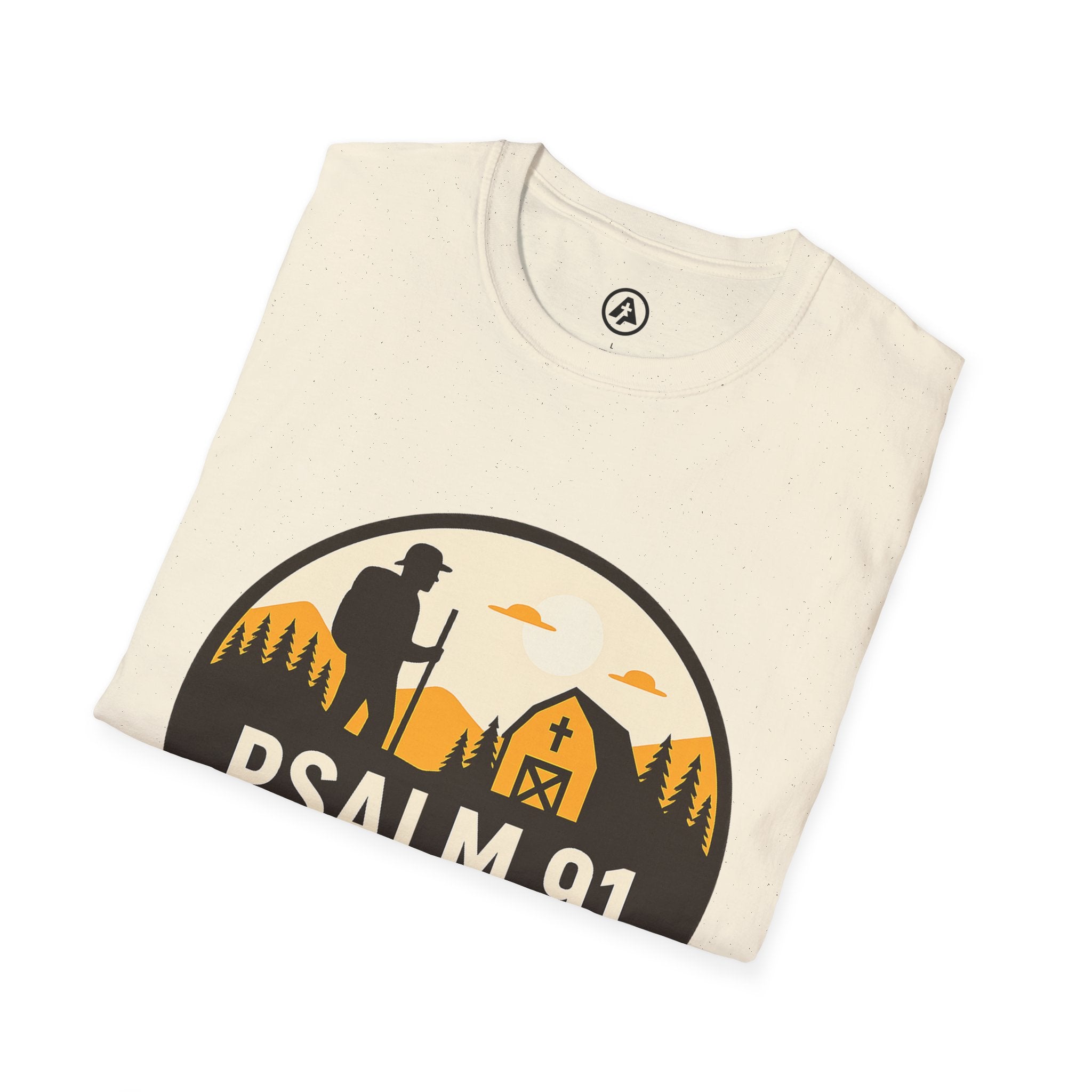 Folded t-shirt with a graphic design and 'Psalm 91' text on a white background