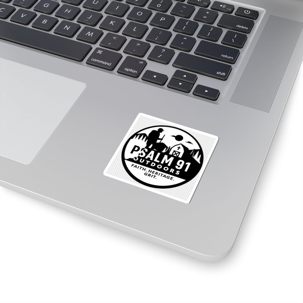 Laptop with a 'Psalm 91 Outdoors' sticker on the palm rest area