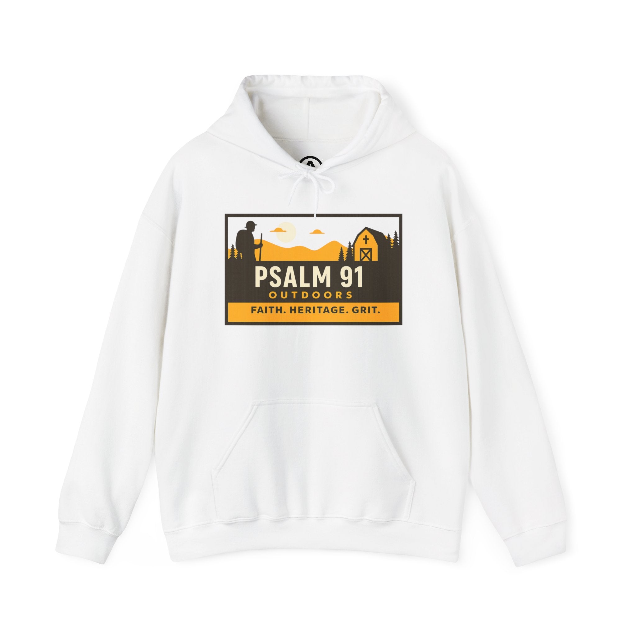 White hoodie with Psalm 91 Outdoors logo on a white background