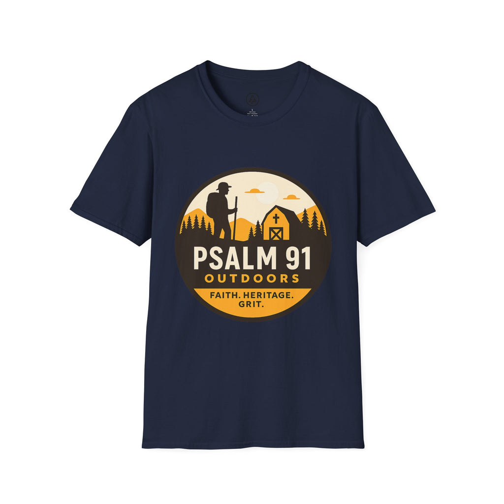 Navy blue t-shirt with Psalm 91 Outdoors graphic on a white background
