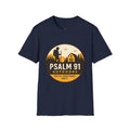 Navy blue t-shirt with Psalm 91 Outdoors graphic on a white background