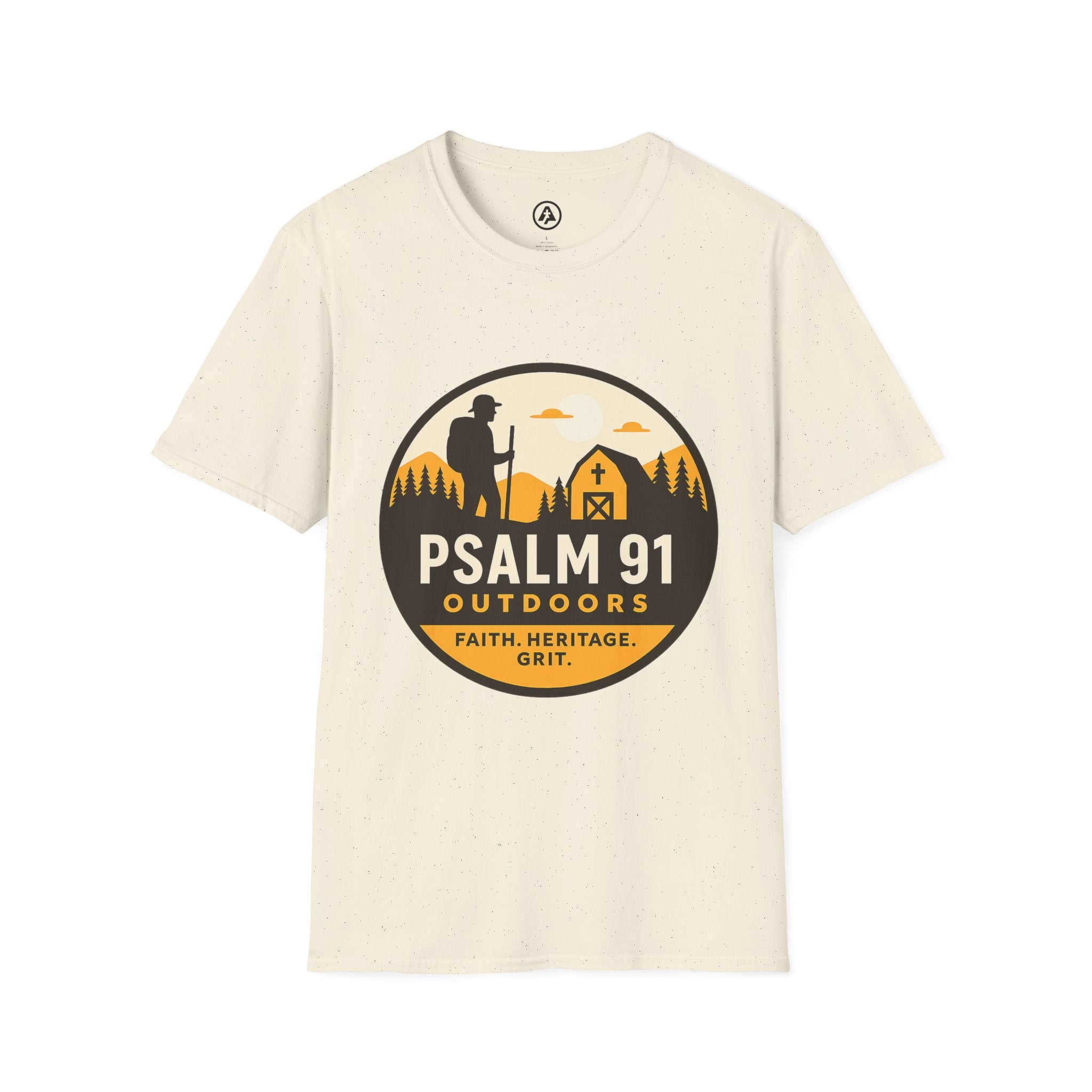 Beige t-shirt with Psalm 91 Outdoors logo on a white background