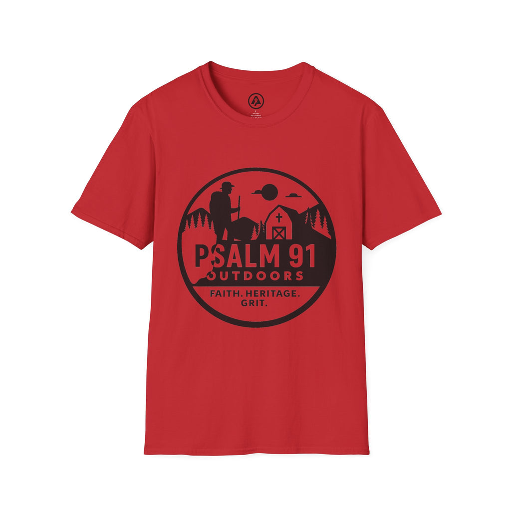 Red t-shirt with black graphic and text on a white background