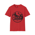 Red t-shirt with black graphic and text on a white background