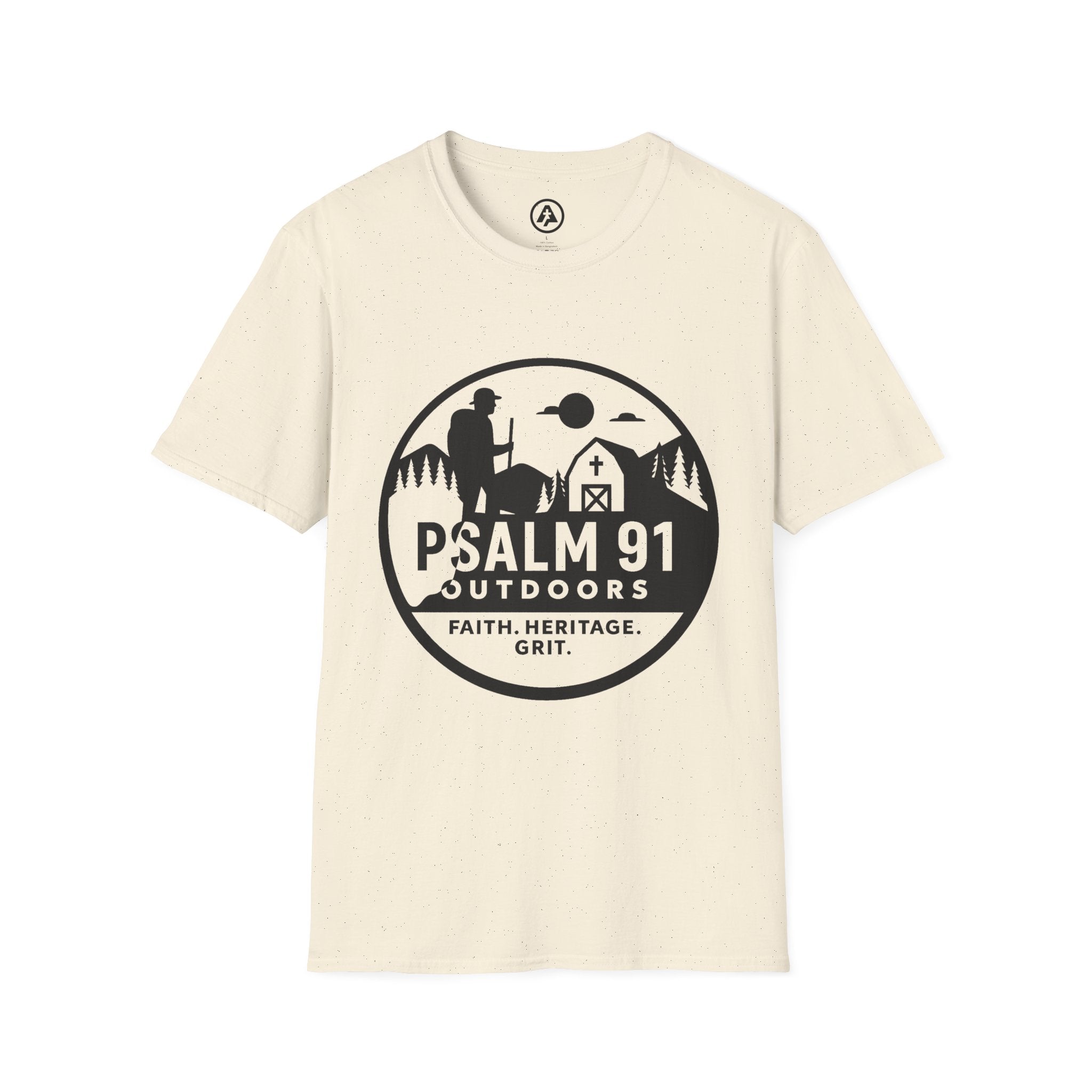 Beige t-shirt with Psalm 91 Outdoors logo on a white background