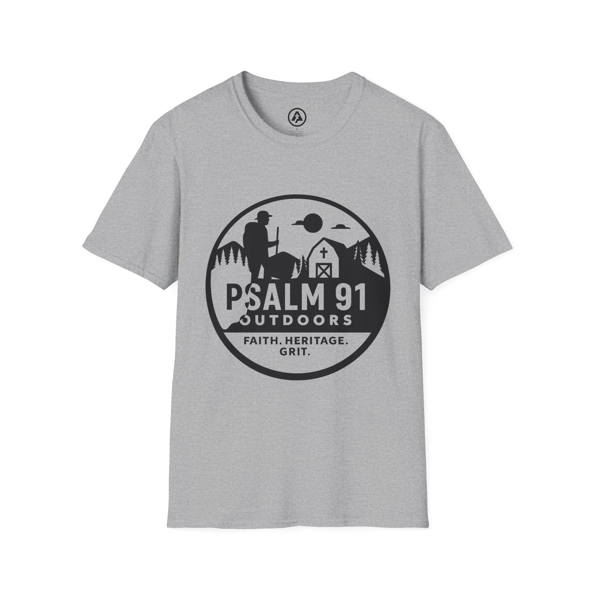 Gray t-shirt with 'Psalm 91 Outdoors' logo on a white background
