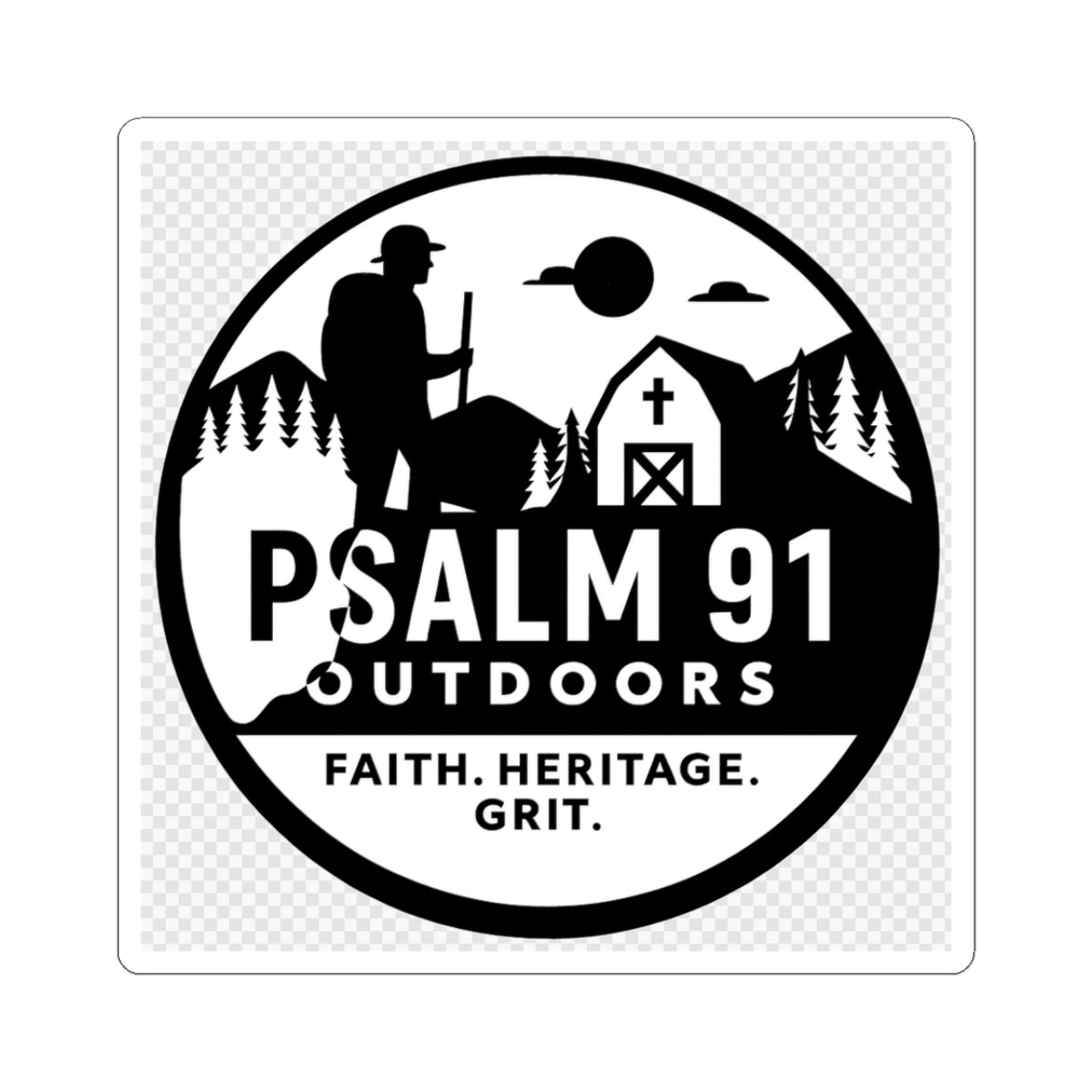 Logo of Psalm 91 Outdoors with a silhouette of a person on a horse, barn, and trees.