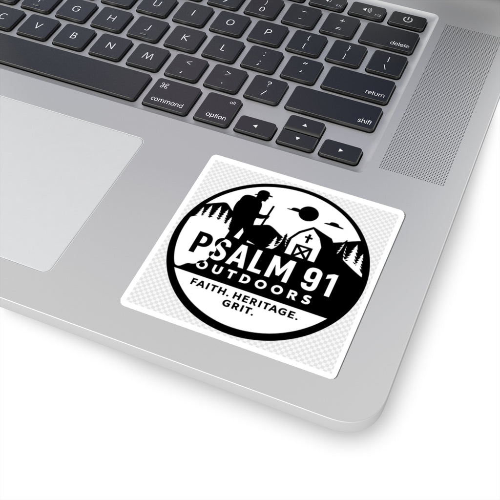 Laptop with a 'Psalm 91 Outdoors' sticker on the palm rest area
