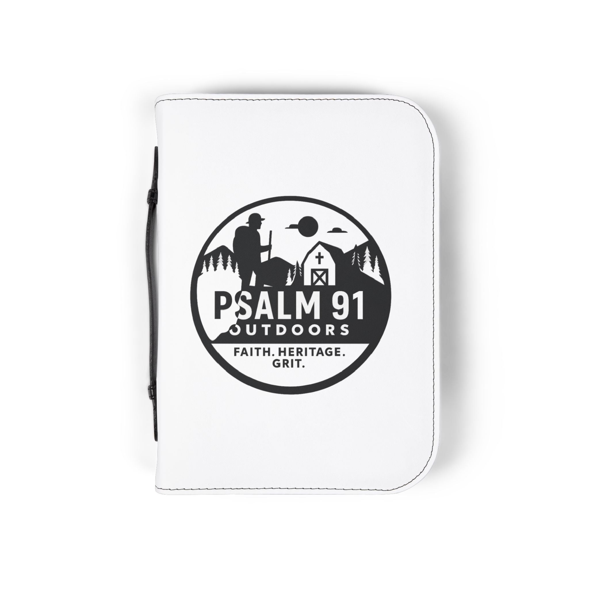 White folio case with 'Psalm 91 Outdoors' logo on a white background