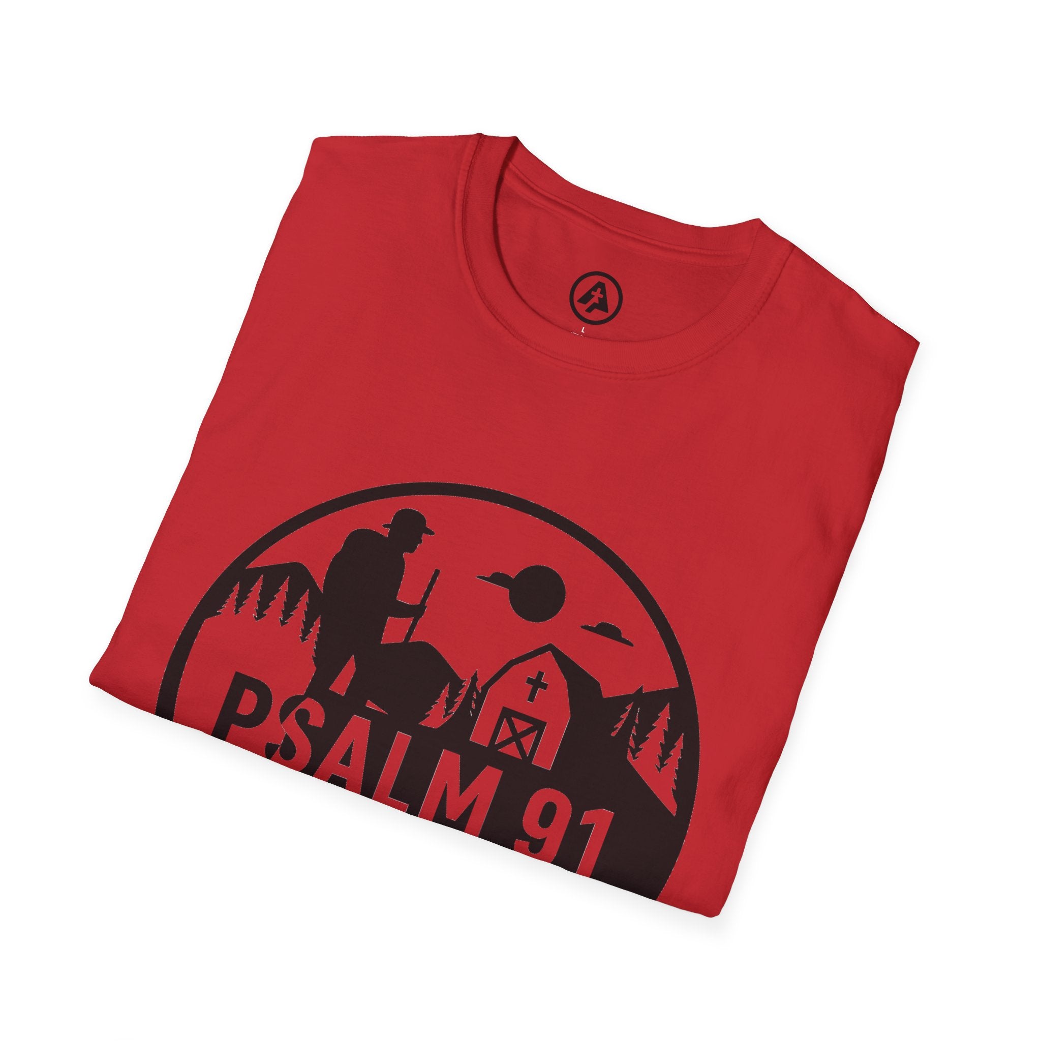 Folded red t-shirt with black graphic and 'Psalm 91' text on a white background