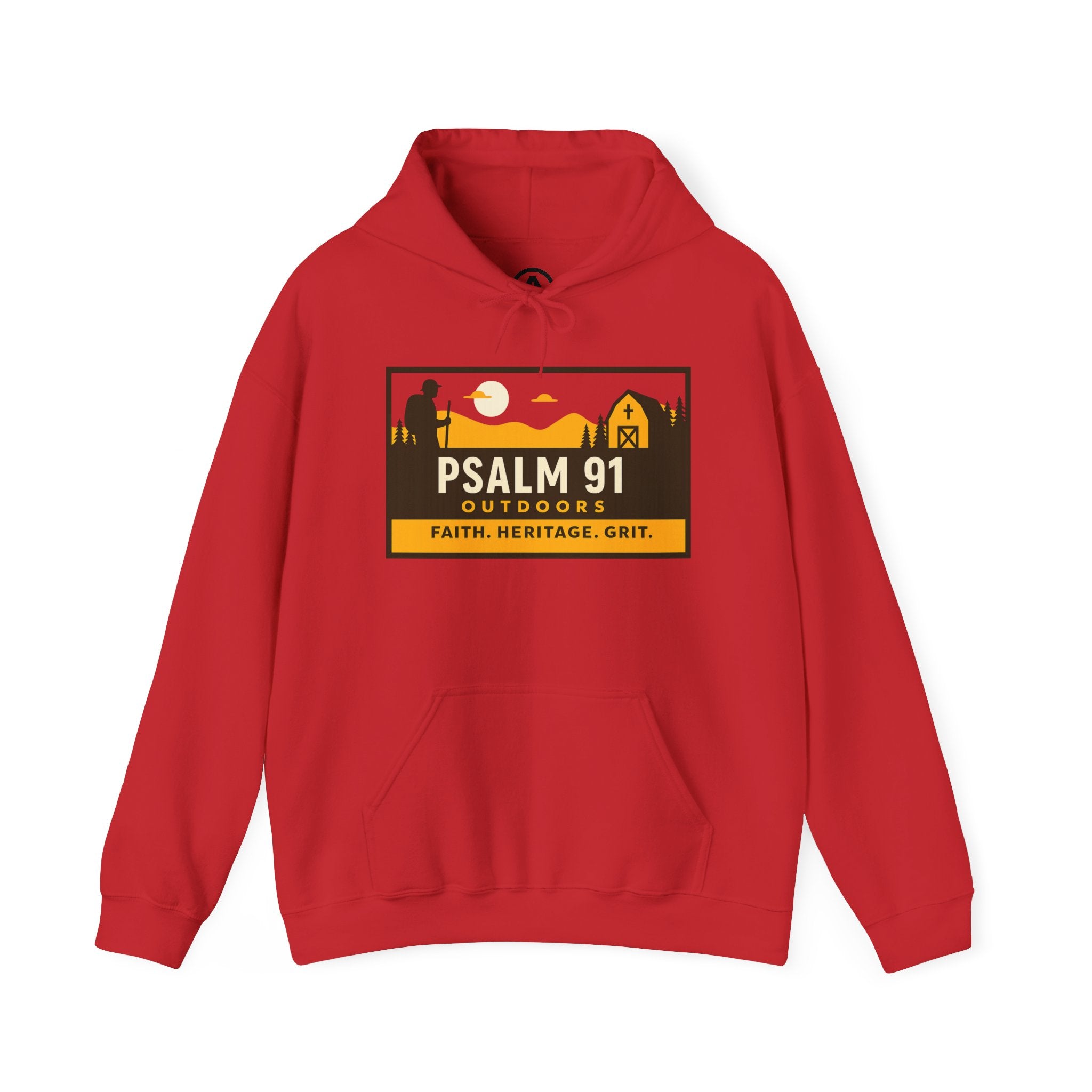 Red hoodie with Psalm 91 Outdoors logo on a white background
