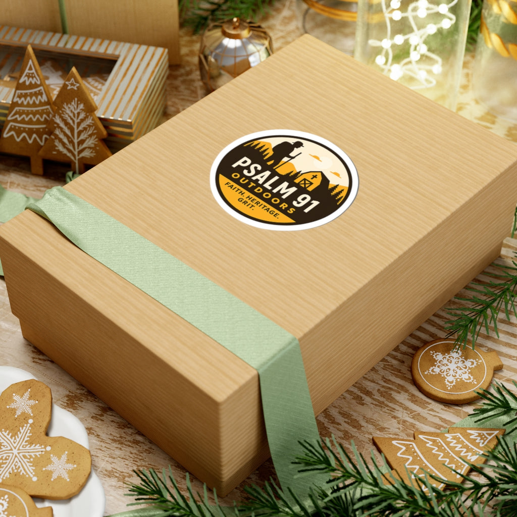 Gift box with a green ribbon and 'Psalm 91 Outdoors' logo on a festive background.