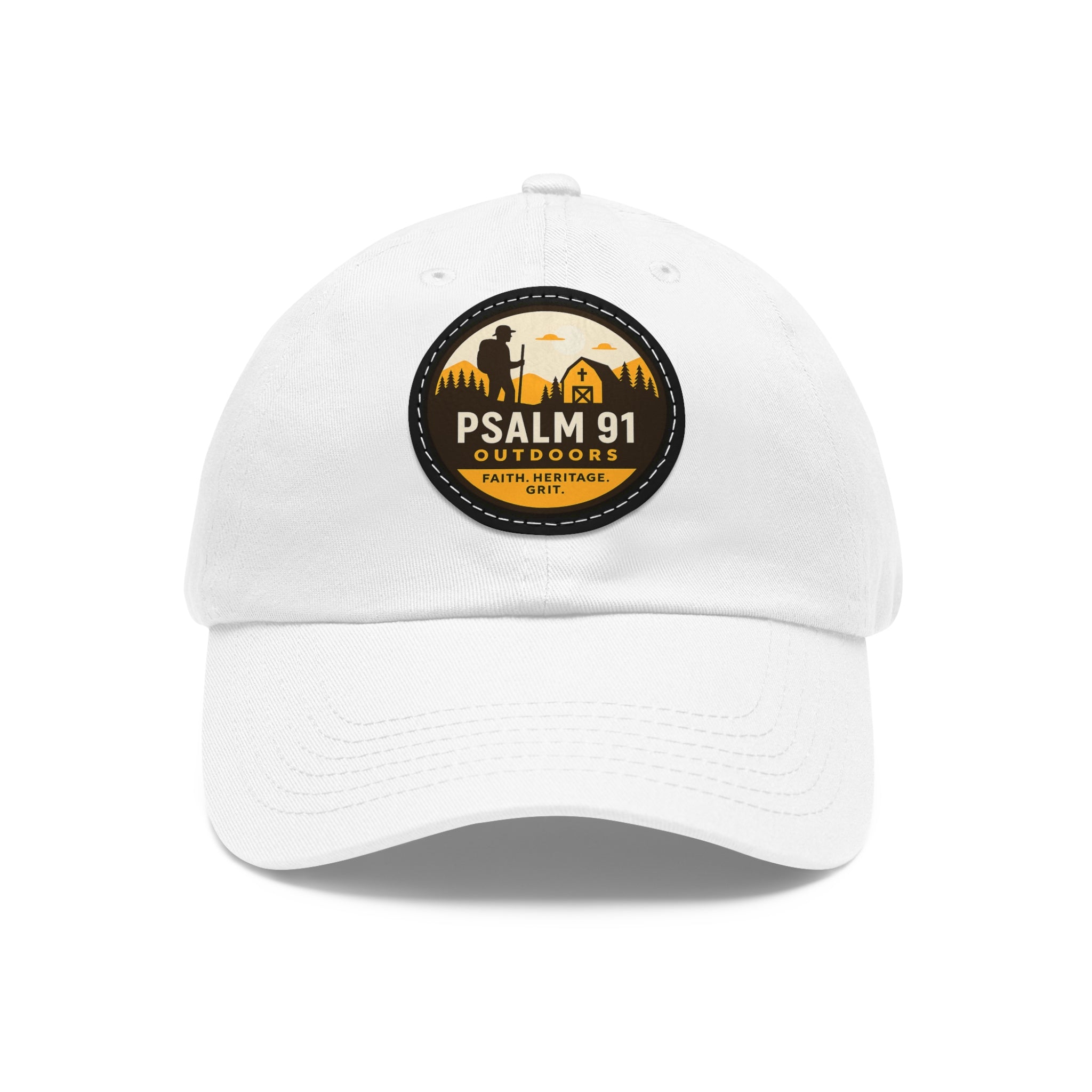 White cap with Psalm 91 Outdoors logo on a white background