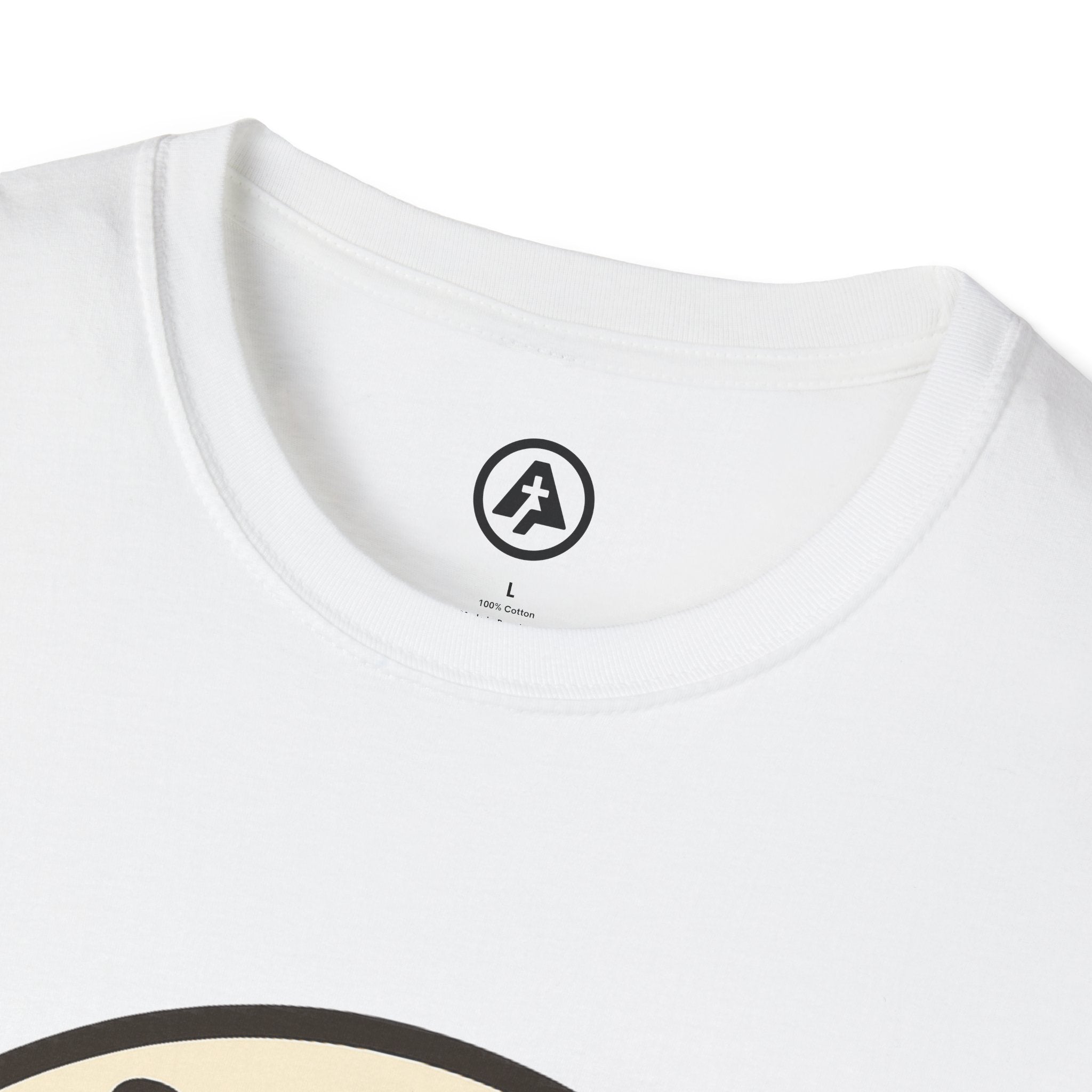 White t-shirt with a black logo on a white background