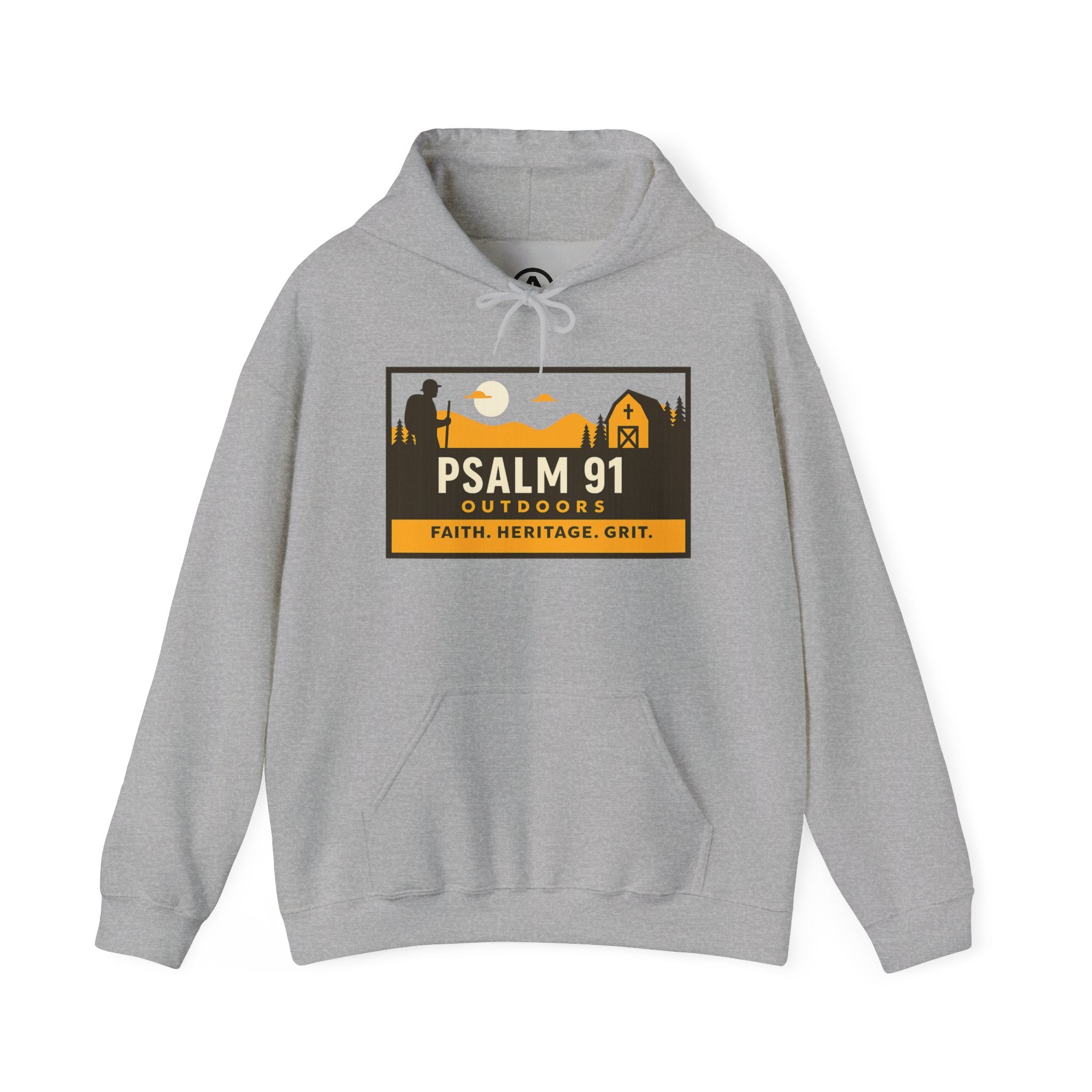 Gray hoodie with Psalm 91 Outdoors logo on a white background
