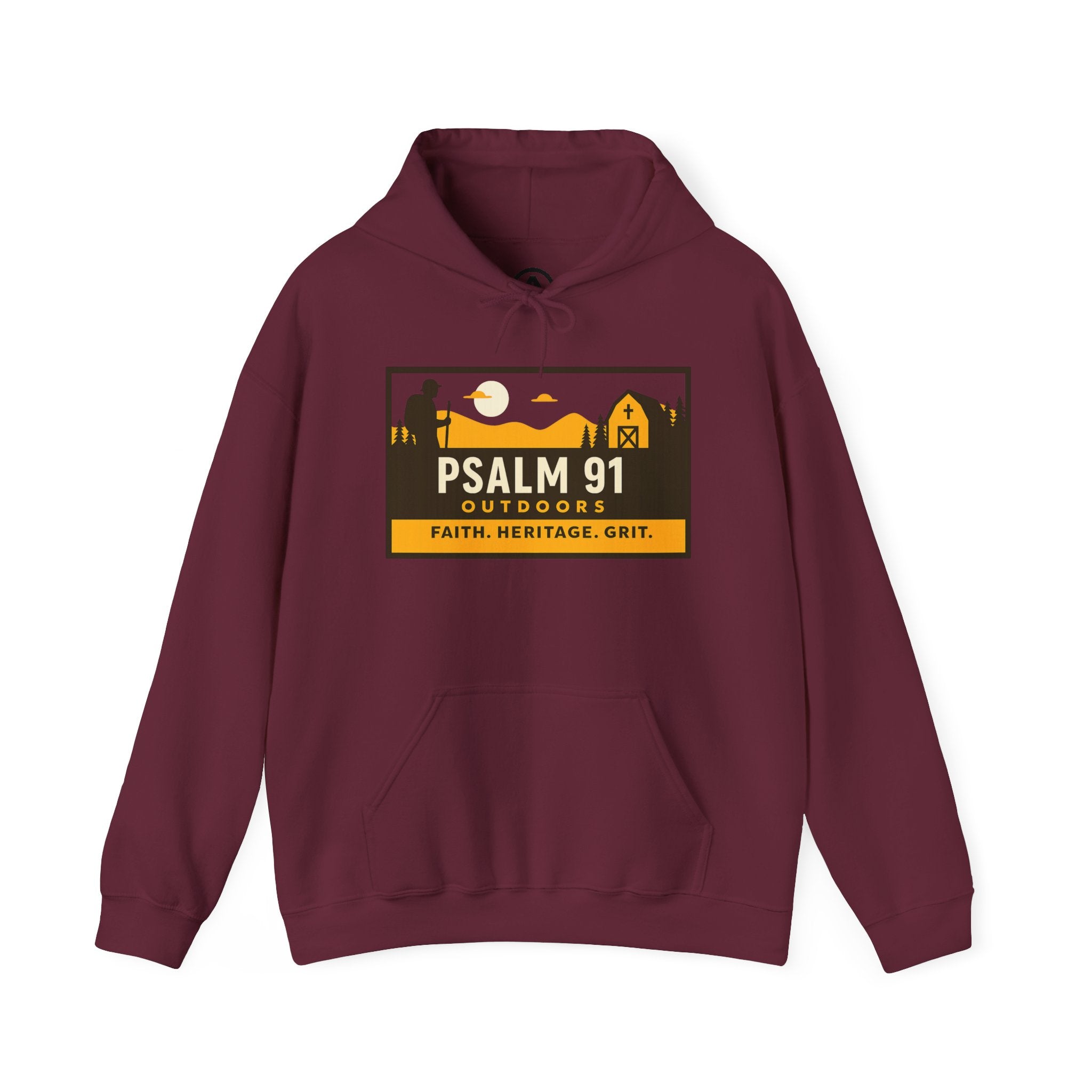 Maroon hoodie with Psalm 91 Outdoors logo on a white background