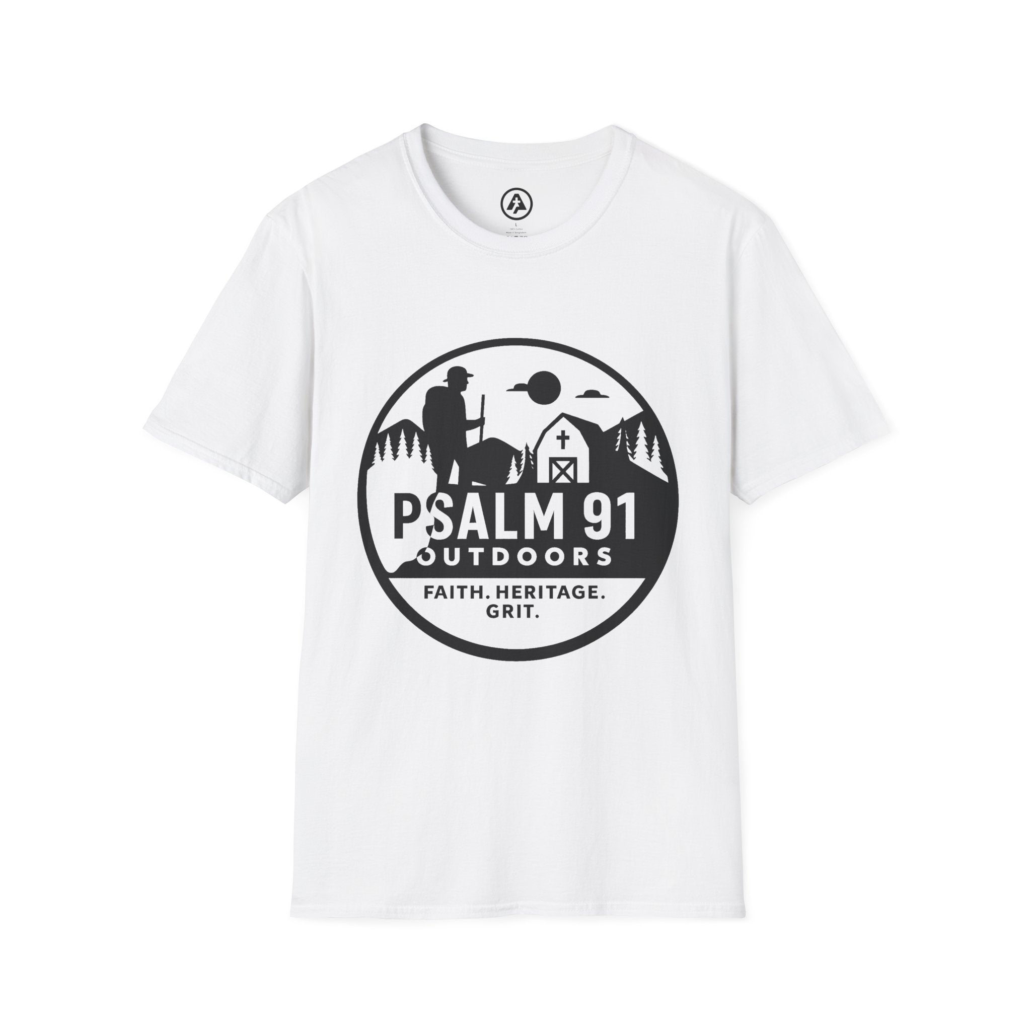 White t-shirt with black graphic and text on a white background