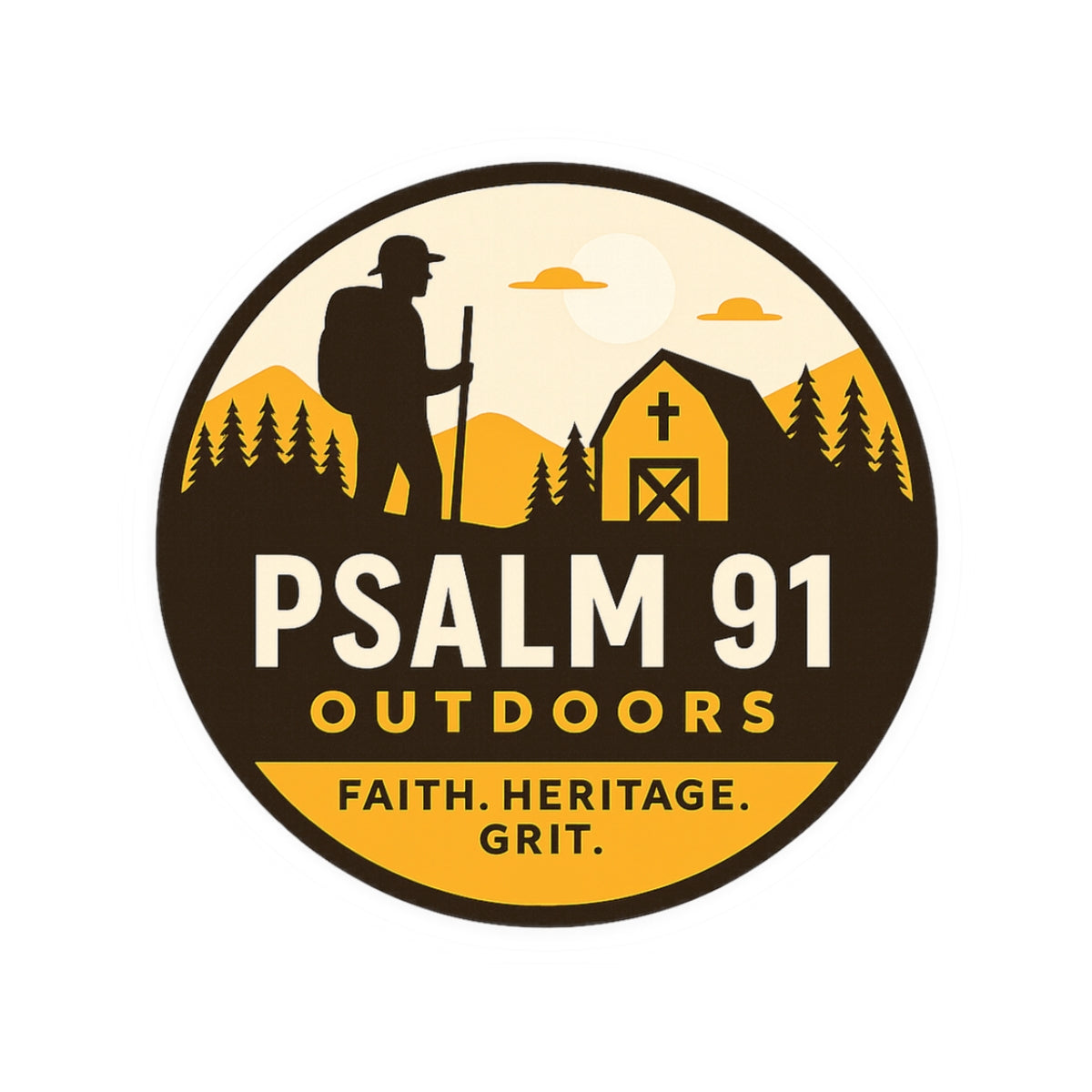 Logo for Psalm 91 Outdoors with a silhouette of a person, barn, and mountains.
