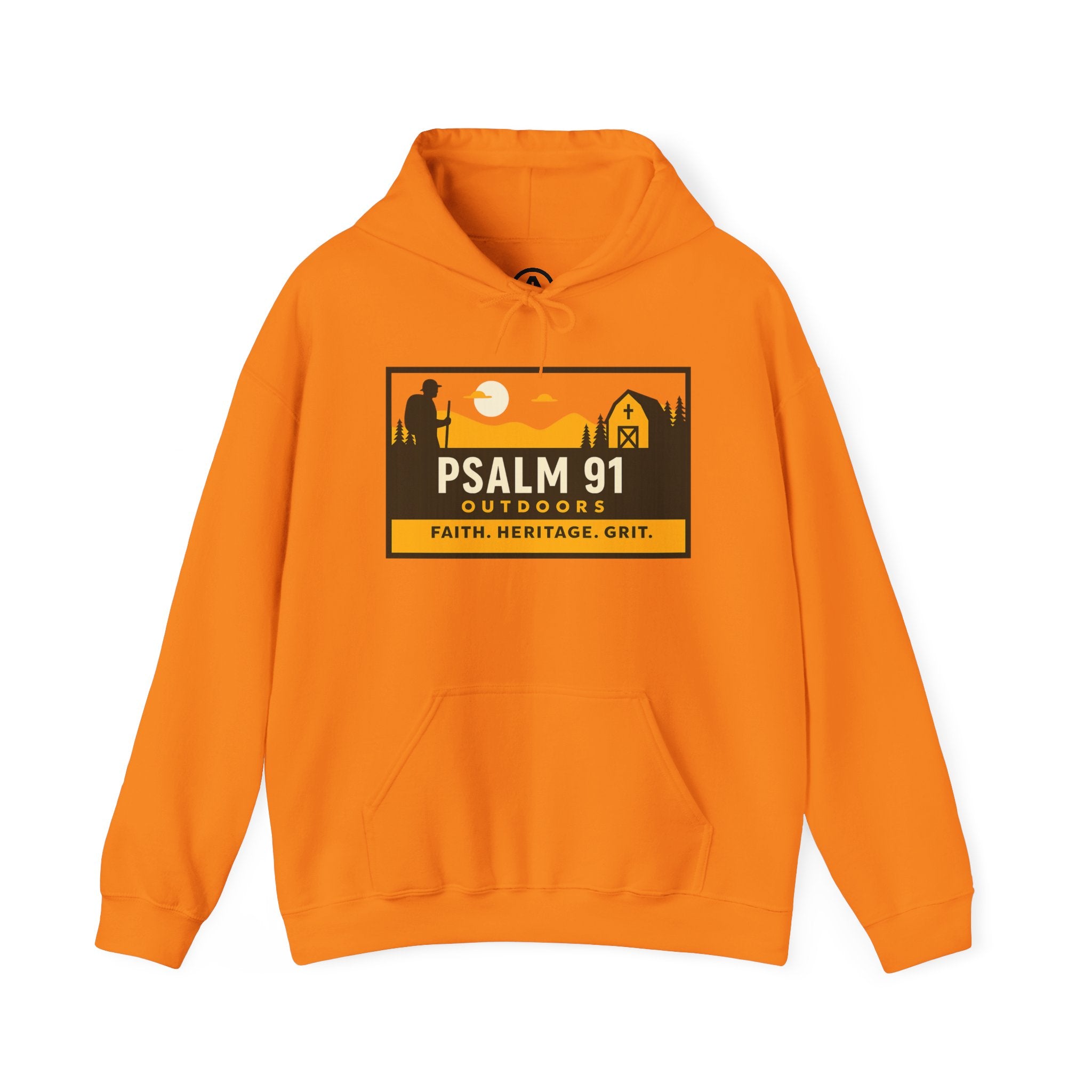 Orange hoodie with Psalm 91 Outdoors logo on a white background