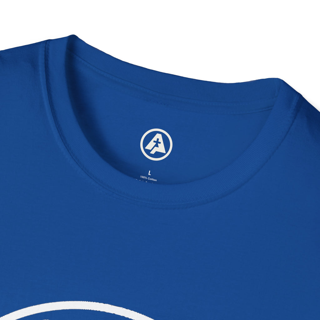 Close-up of a blue t-shirt with a white logo on a white background