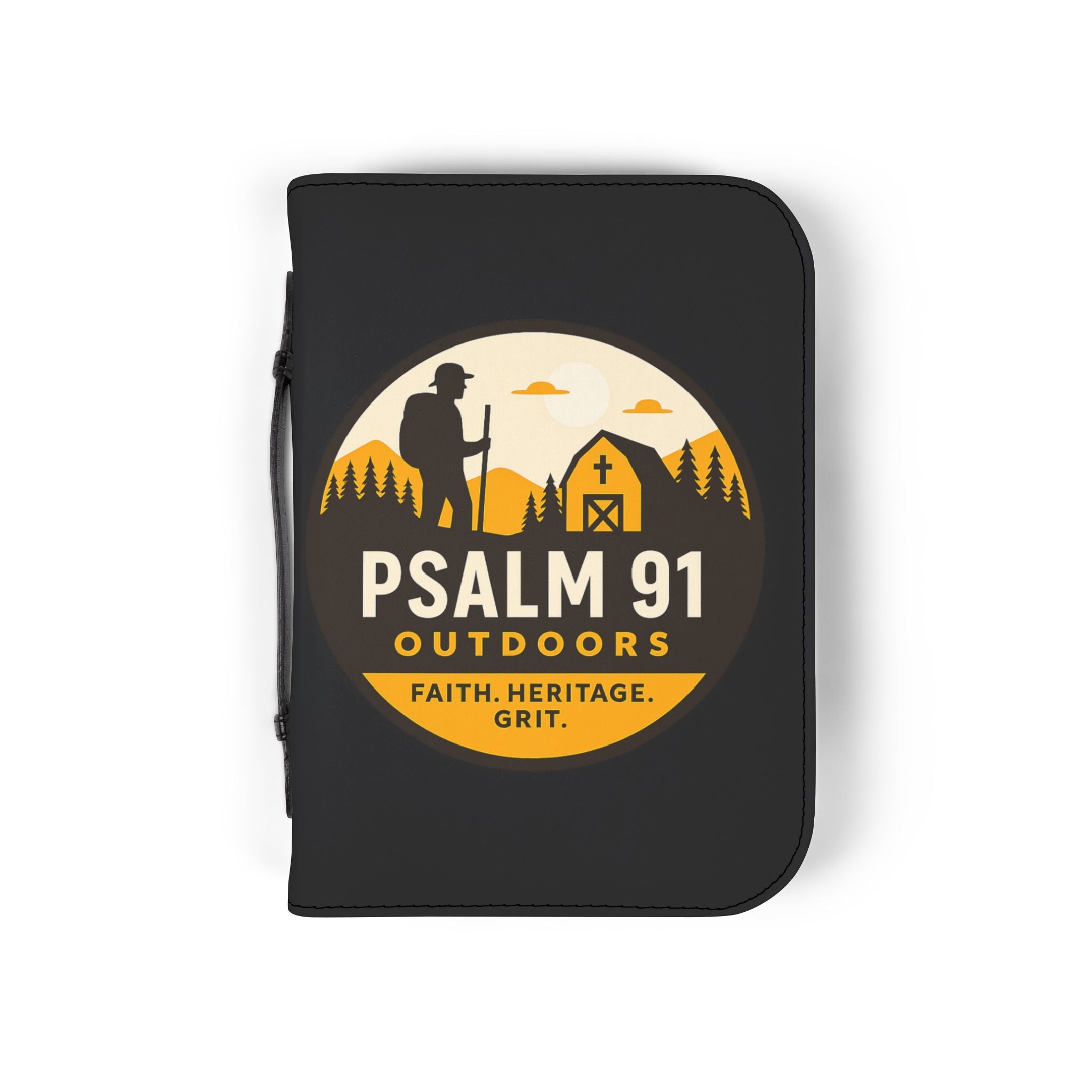Black case with 'Psalm 91 Outdoors' logo featuring a silhouette of a person, barn, and trees on a white background.