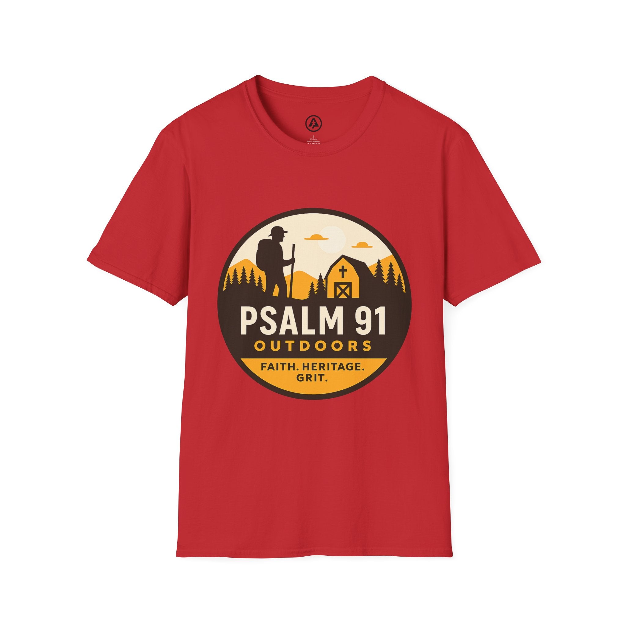 Red t-shirt with Psalm 91 Outdoors logo on a white background