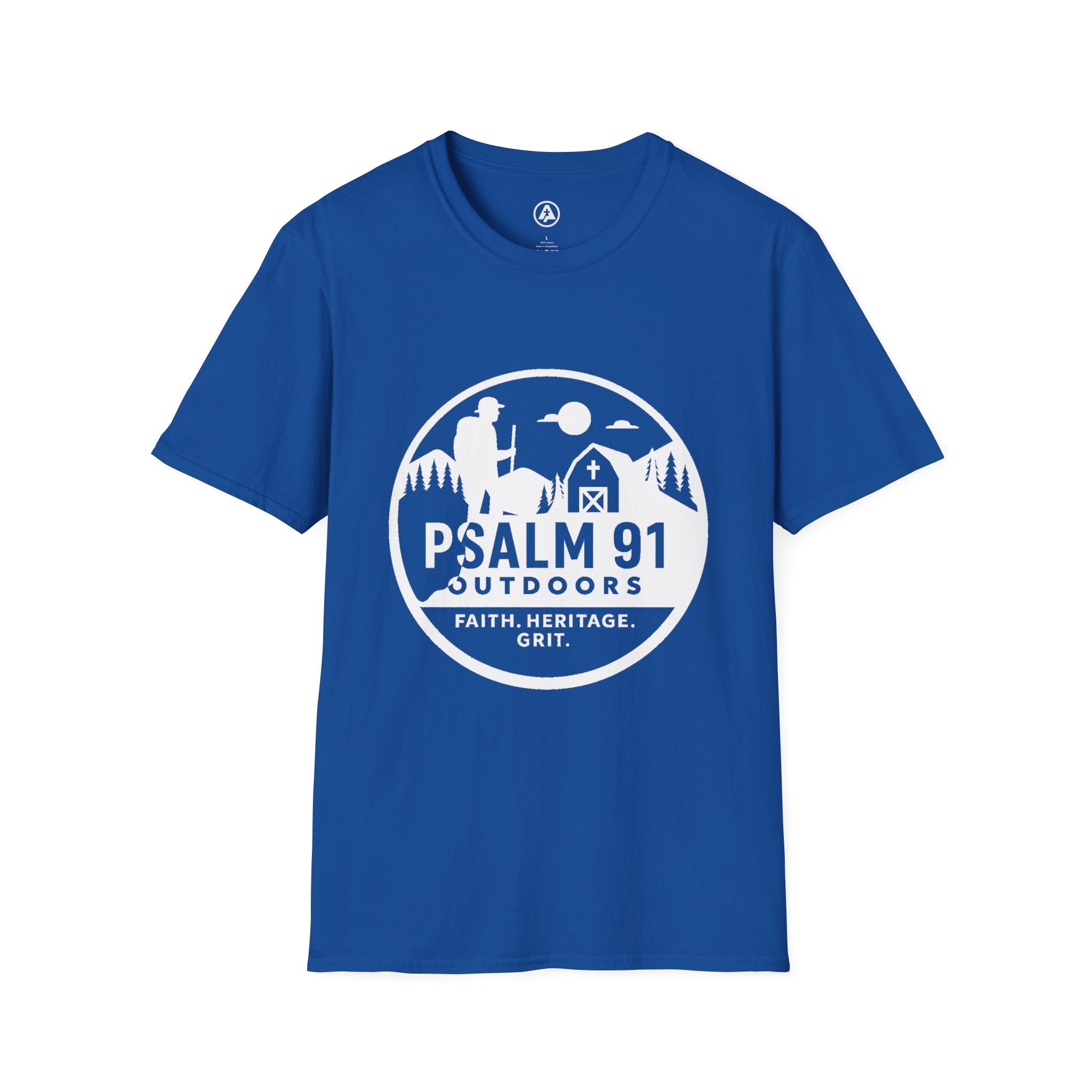Blue t-shirt with Psalm 91 Outdoors logo on a white background