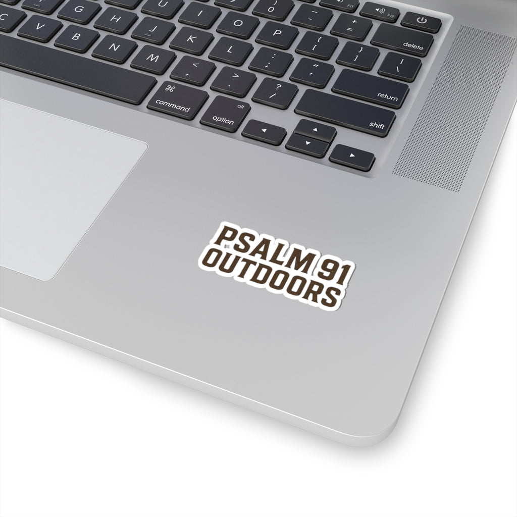 Laptop with 'PSALM 91 OUTDOORS' sticker on a white background