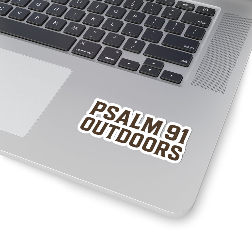 Laptop with 'Psalm 91 Outdoors' sticker on a white background