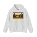 Gray hoodie with Psalm 91 Outdoors logo on a white background