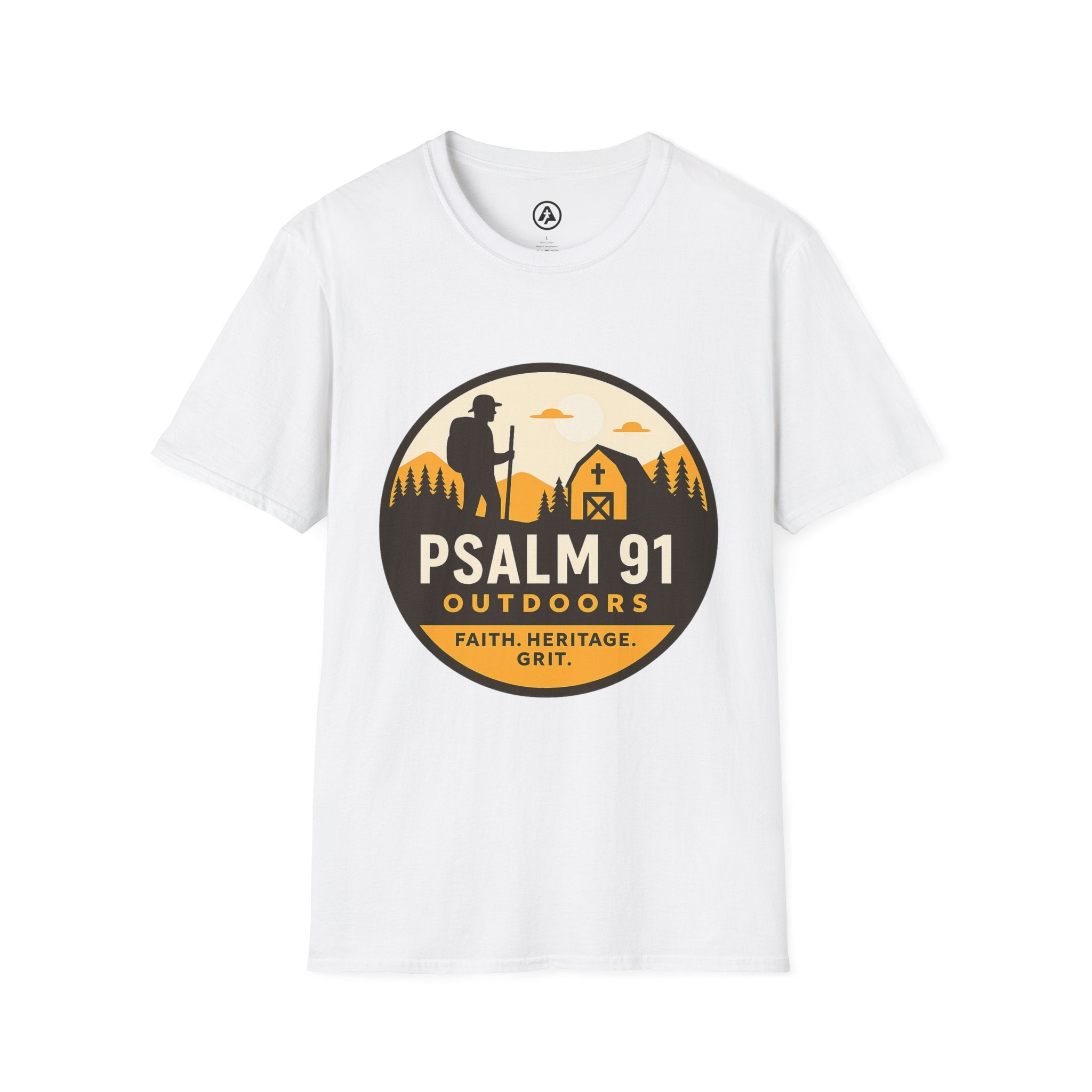 White t-shirt with Psalm 91 Outdoors graphic design on a white background