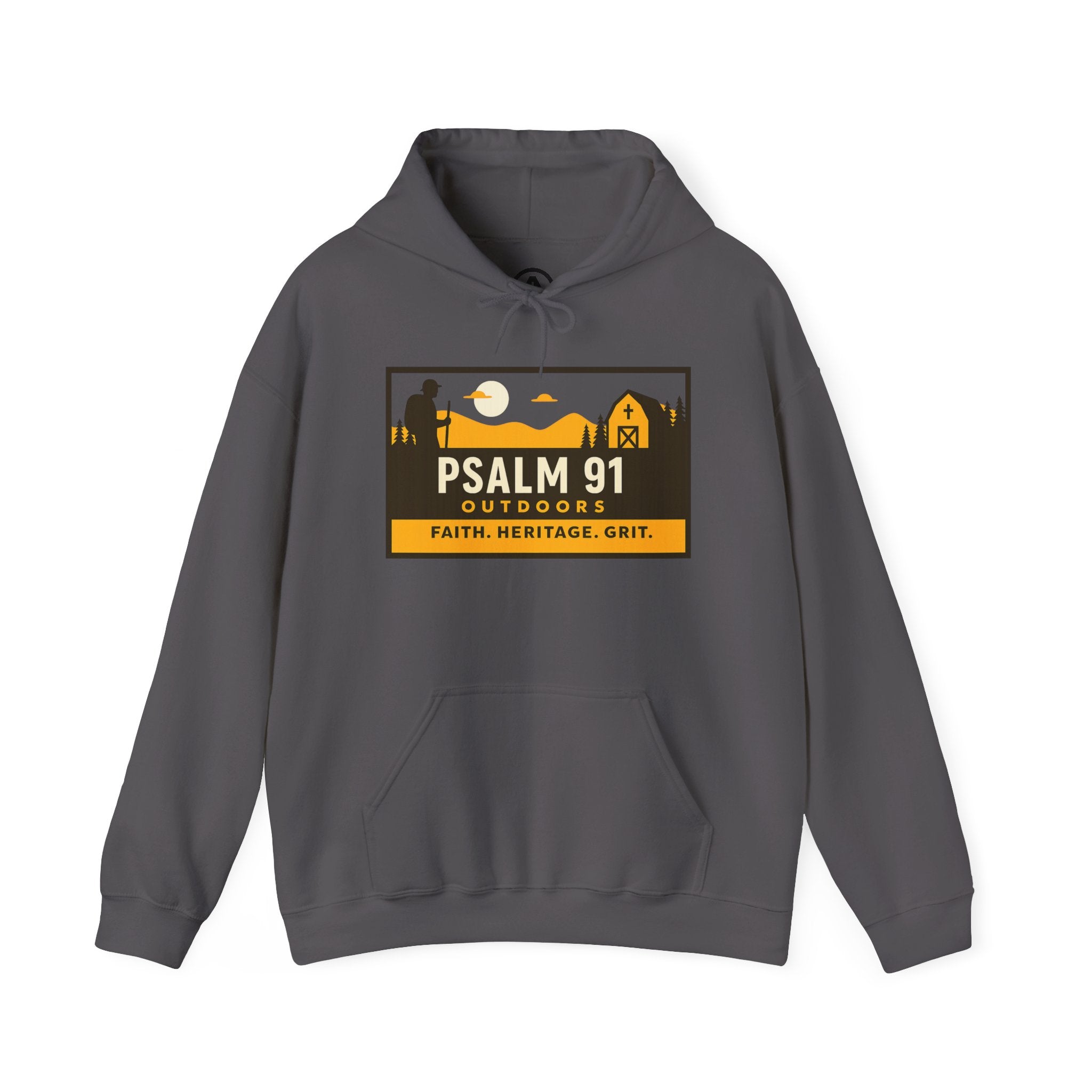 Gray hoodie with Psalm 91 Outdoors logo on a white background