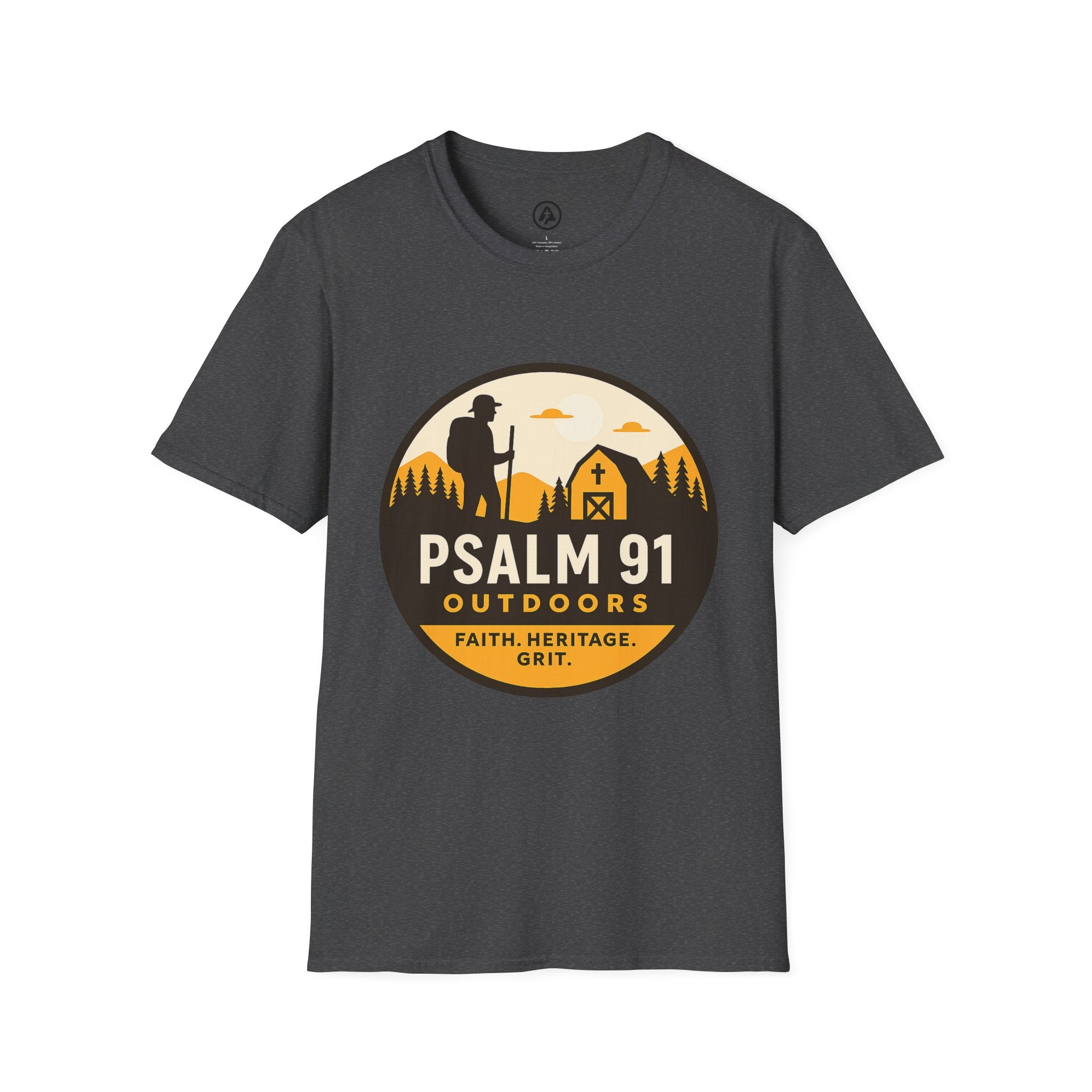 Gray t-shirt with Psalm 91 Outdoors logo on a white background