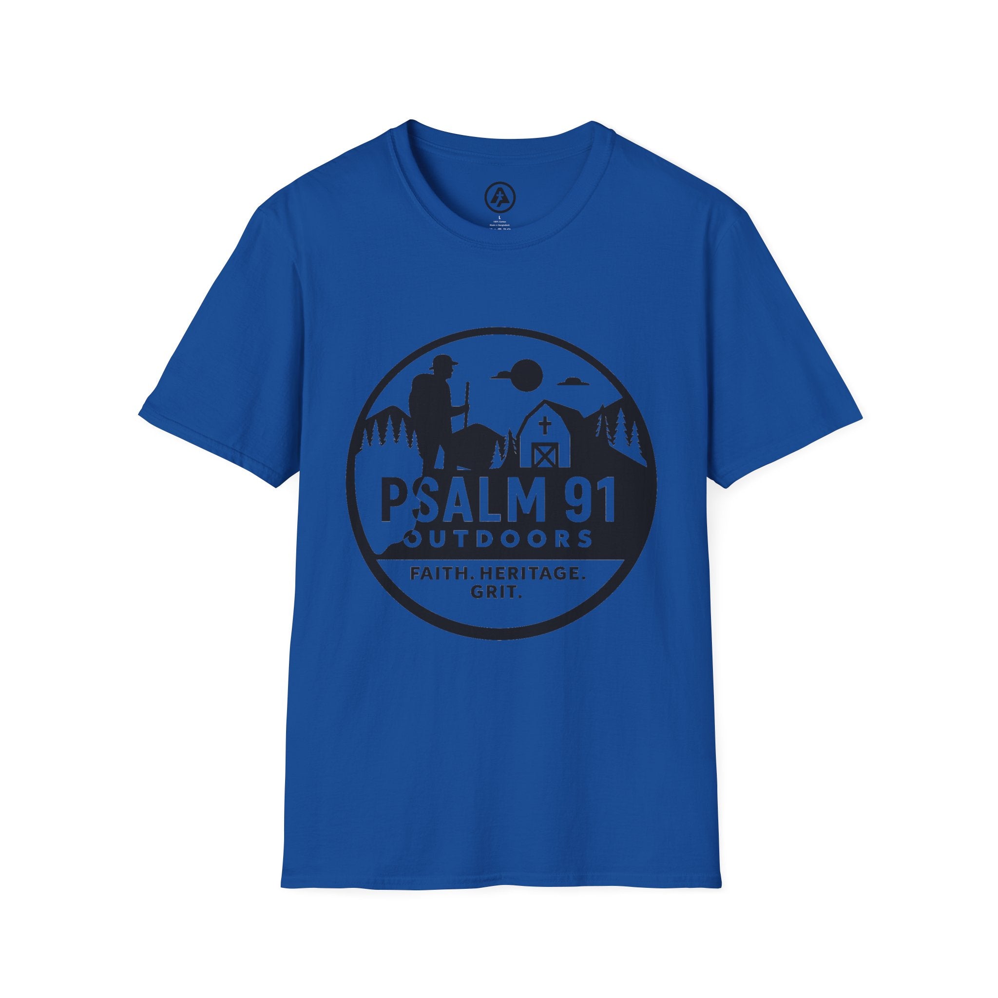 Blue t-shirt with 'Psalm 91 Outdoors' logo on a white background
