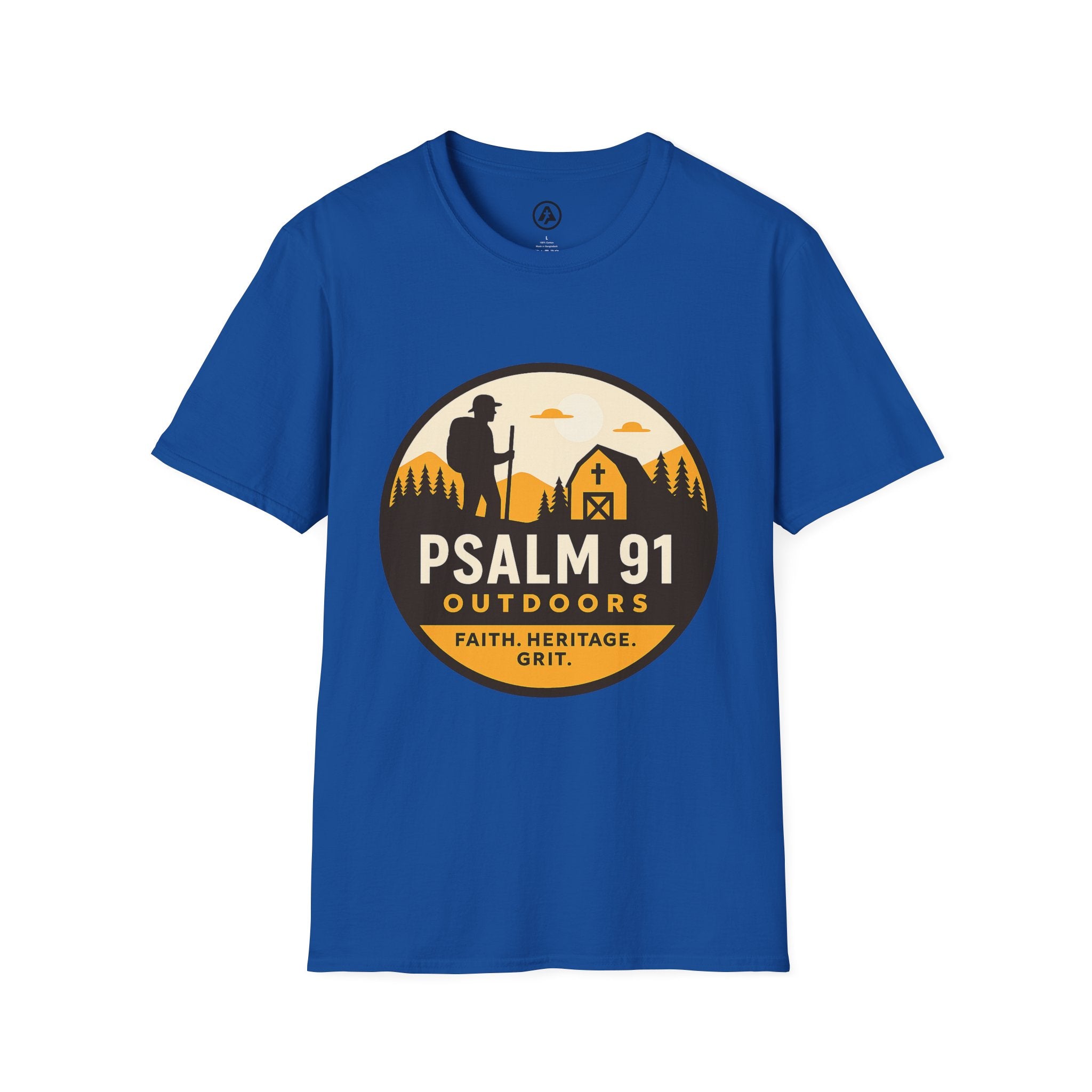 Blue t-shirt with Psalm 91 Outdoors logo on a white background