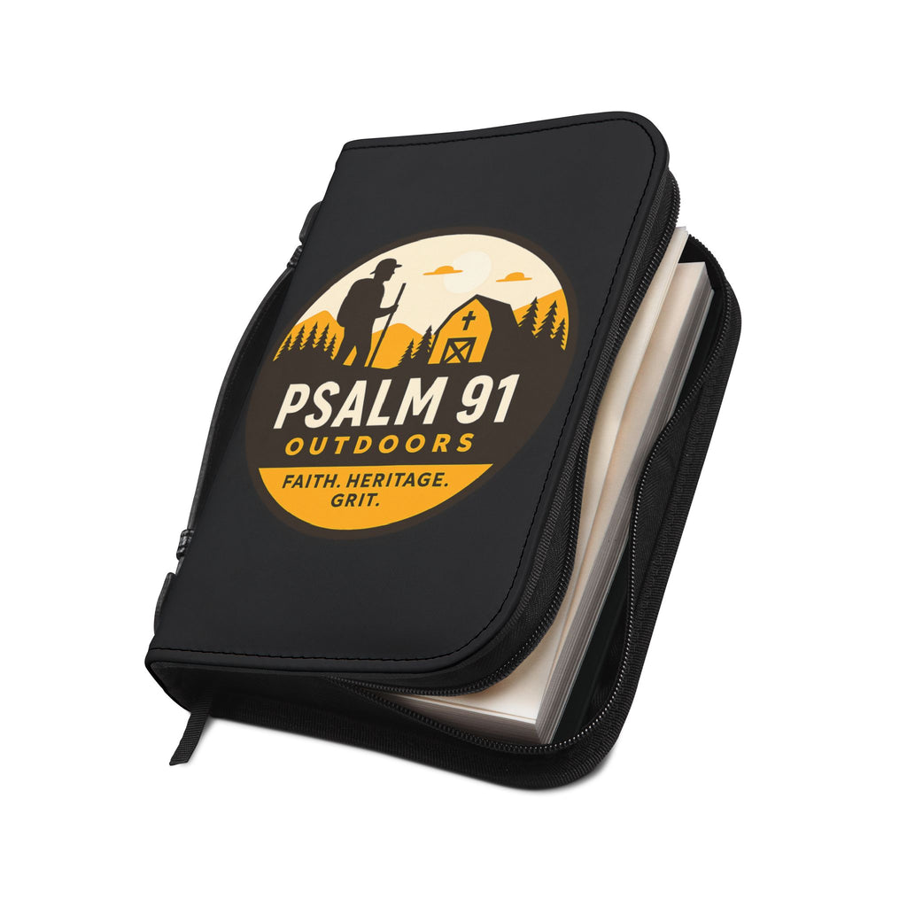 Black notebook with 'Psalm 91 Outdoors' logo and text on a white background