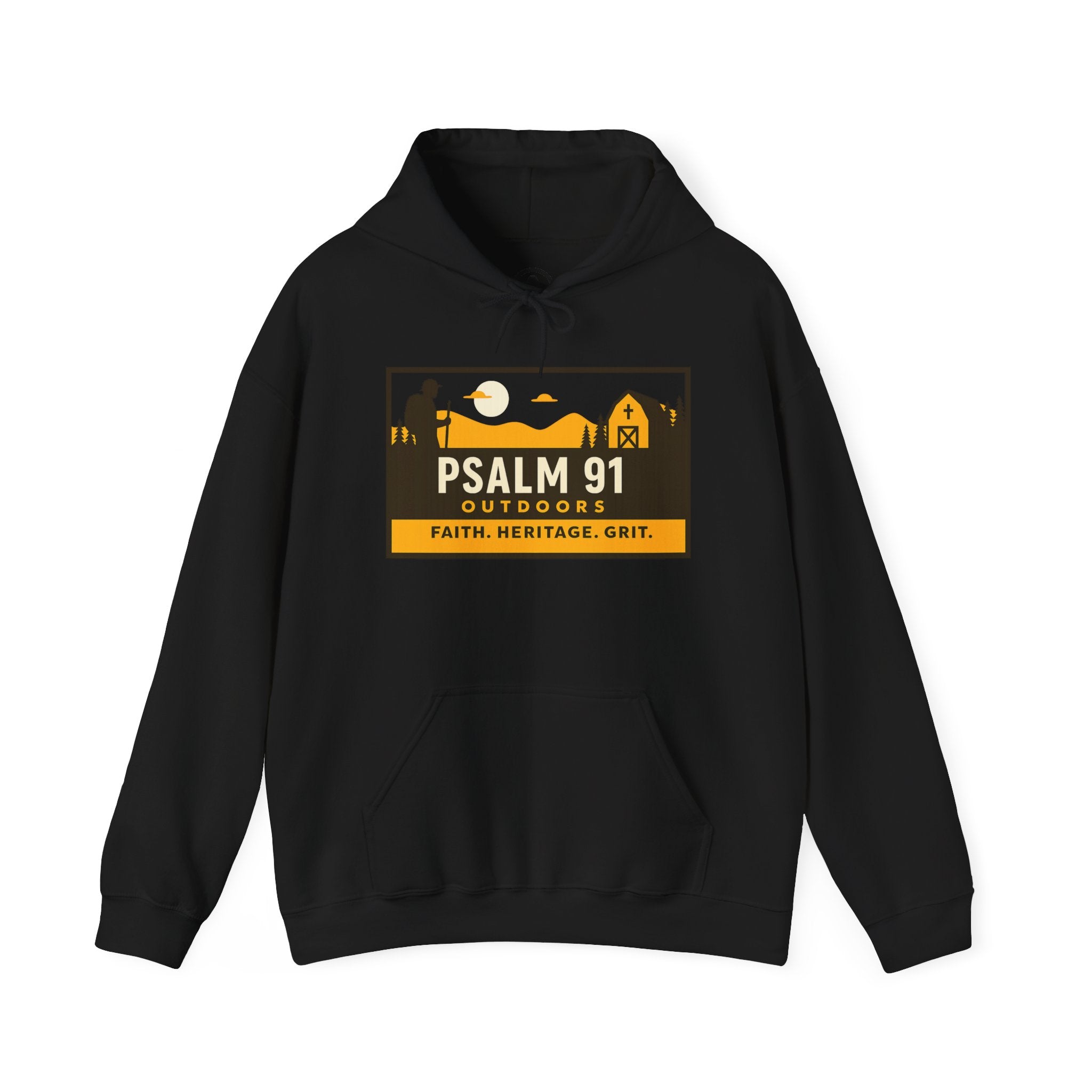 Black hoodie with Psalm 91 Outdoors logo on a white background