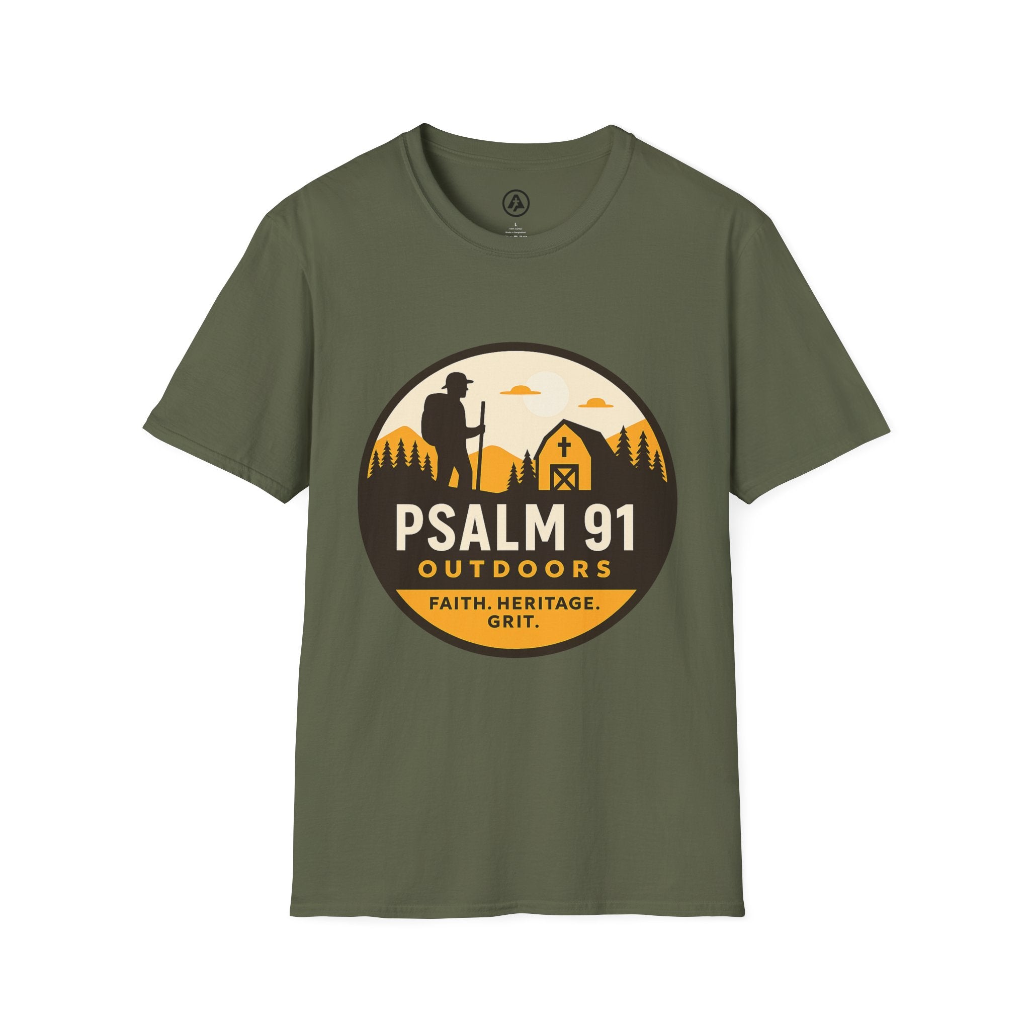 Green t-shirt with Psalm 91 Outdoors logo on a white background