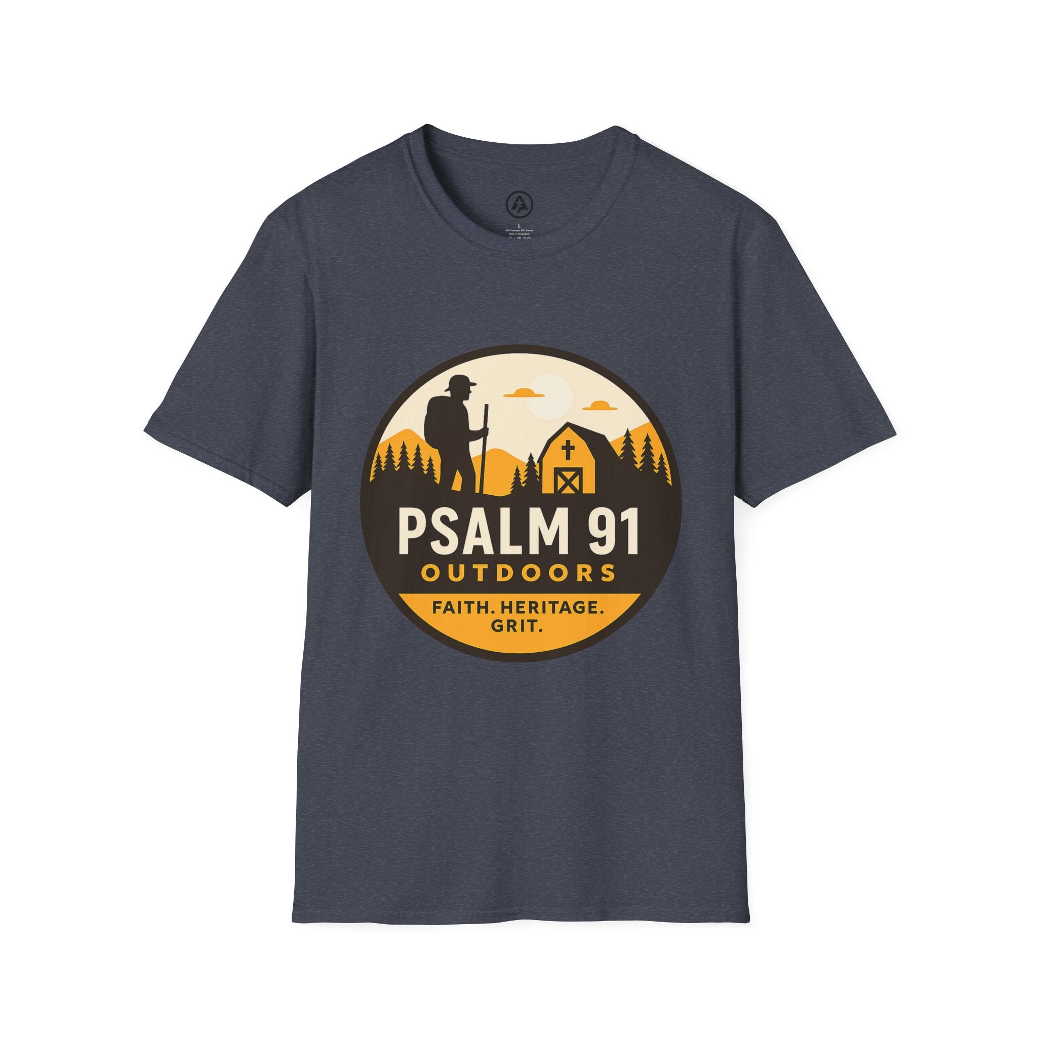 Gray t-shirt with Psalm 91 Outdoors logo on a white background