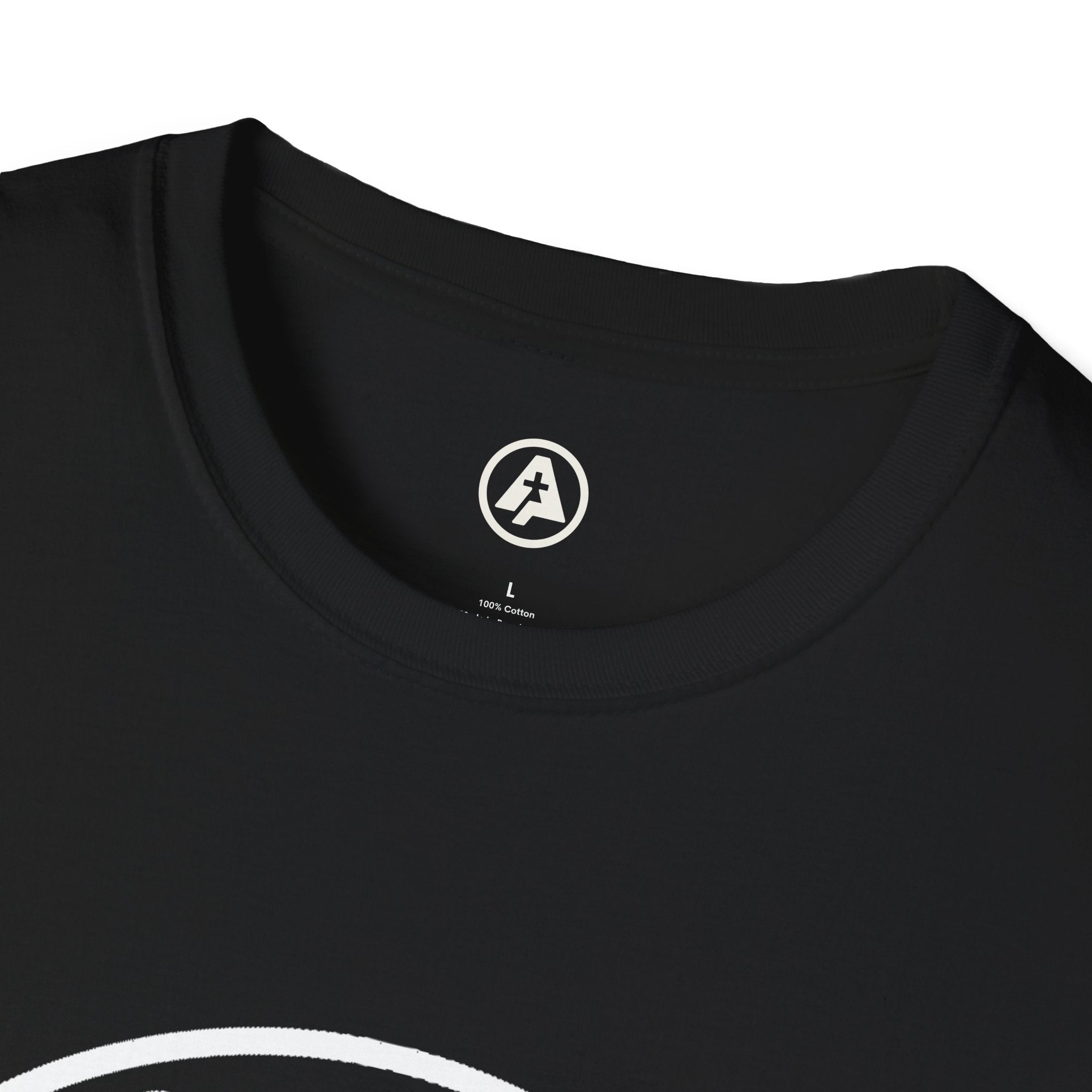 Black t-shirt with a white logo on the collar against a white background