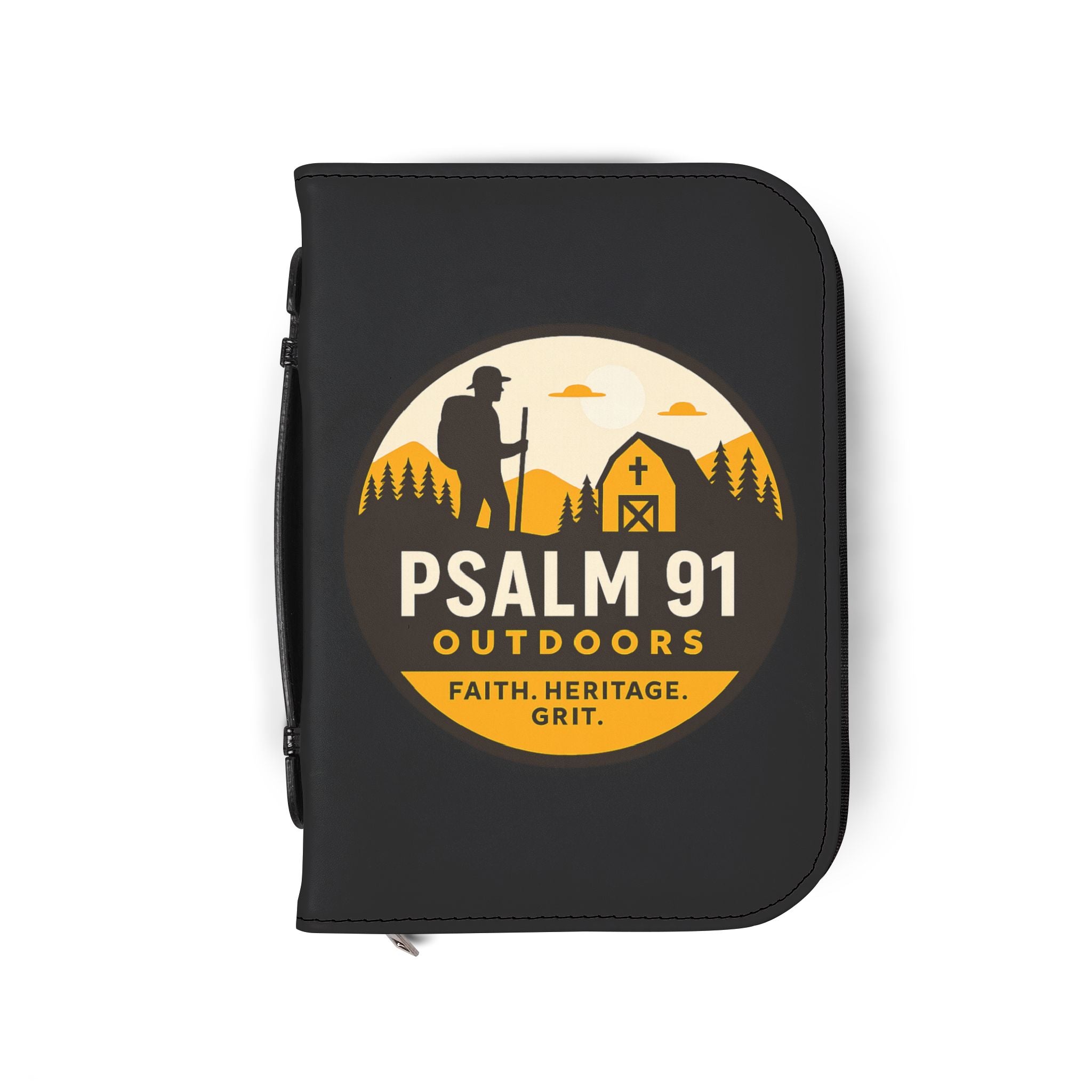 Black case with 'Psalm 91 Outdoors' logo featuring a silhouette of a person in a hat and cross on a white background.