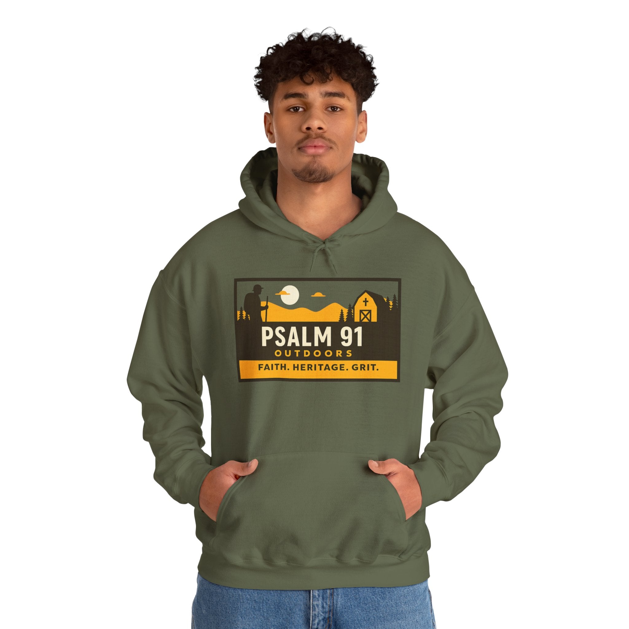 Person wearing a green hoodie with 'Psalm 91 Outdoors' logo on a white background