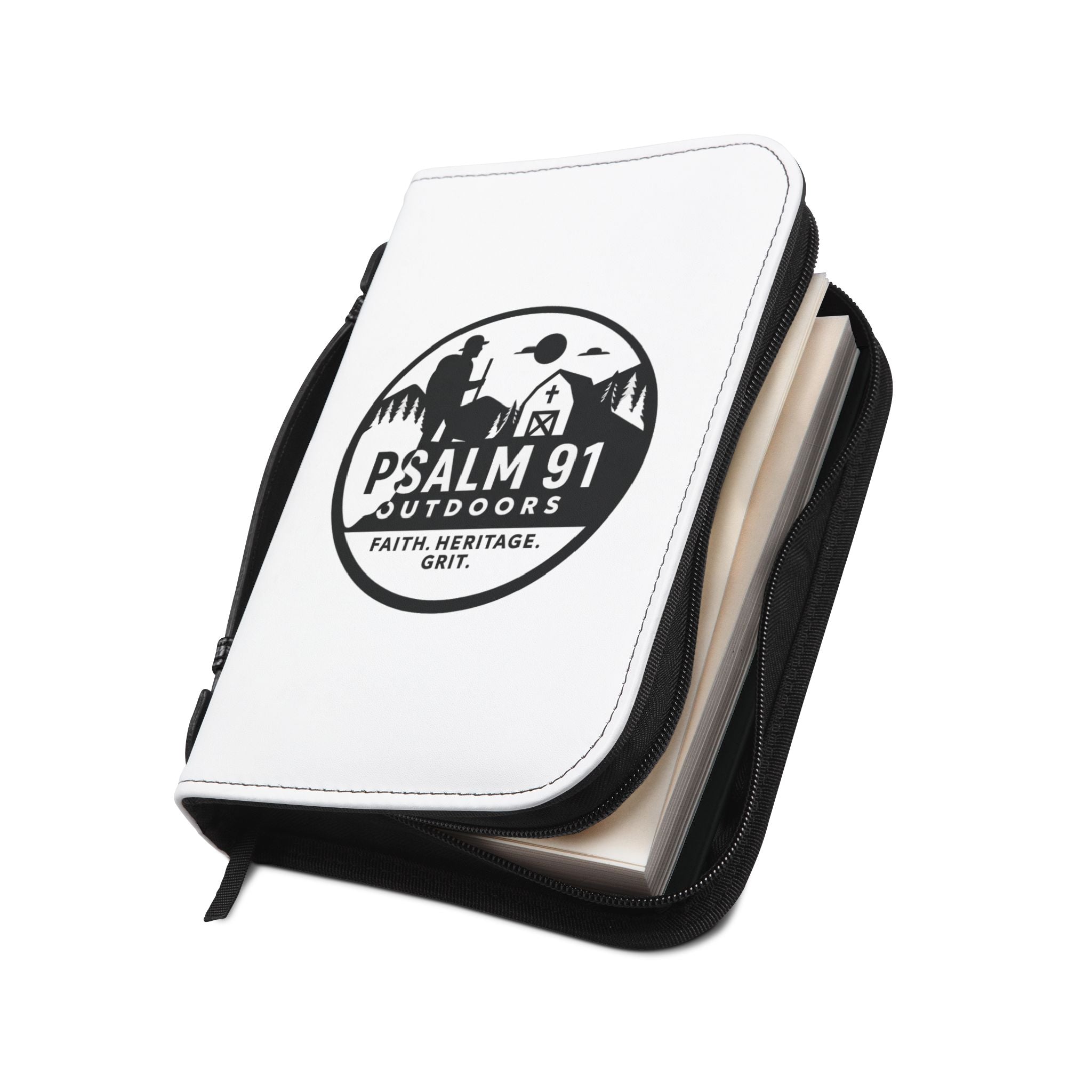 White notebook with black logo and text on a white background