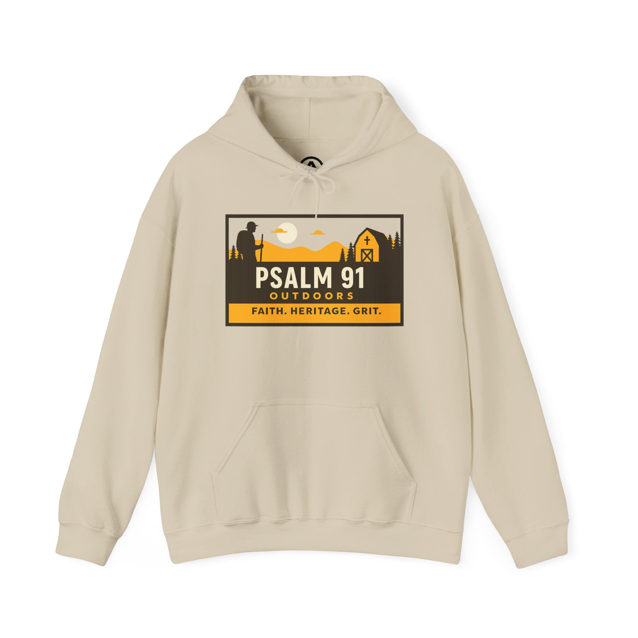 Beige hoodie with Psalm 91 Outdoors logo on a white background