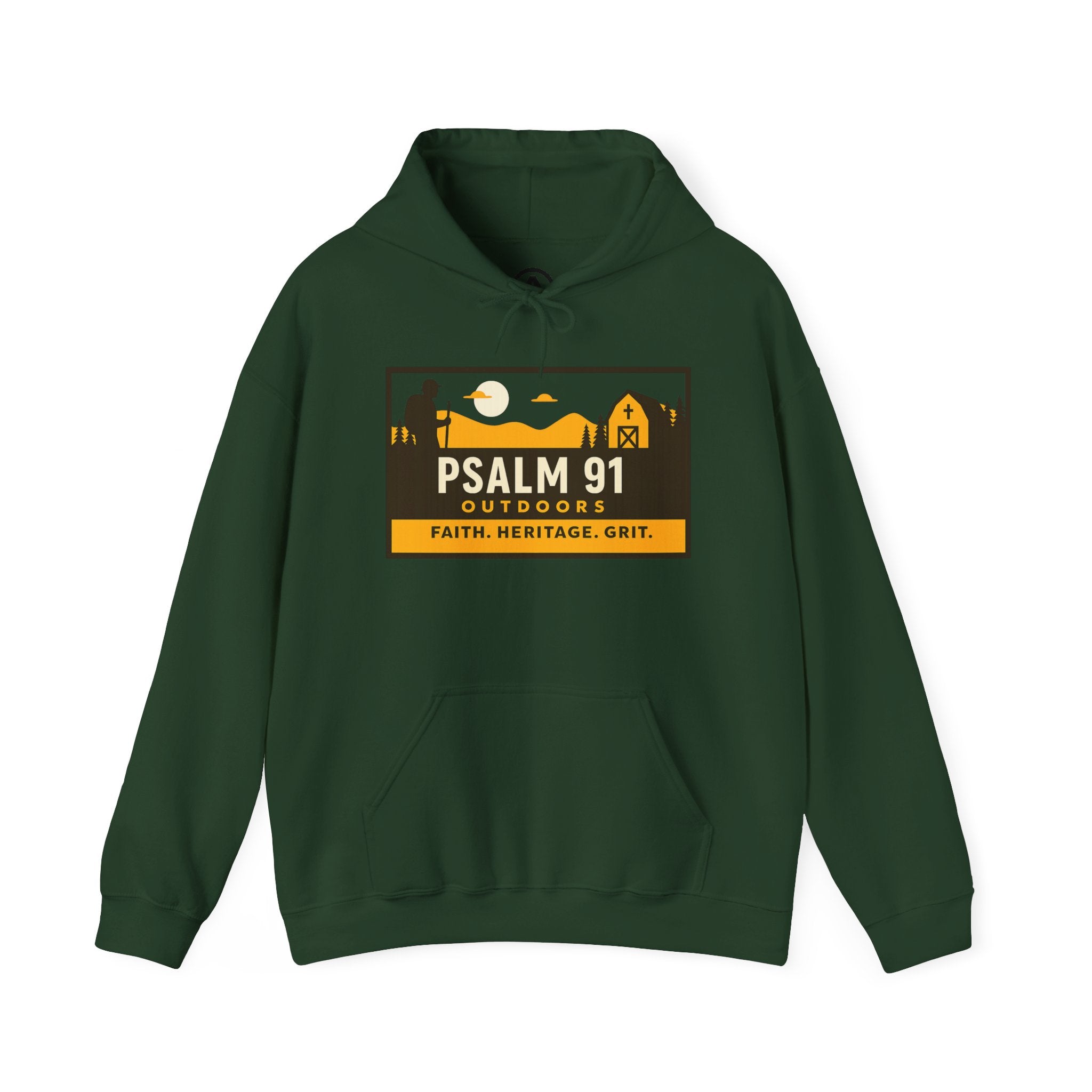 Green hoodie with Psalm 91 Outdoors logo on a white background