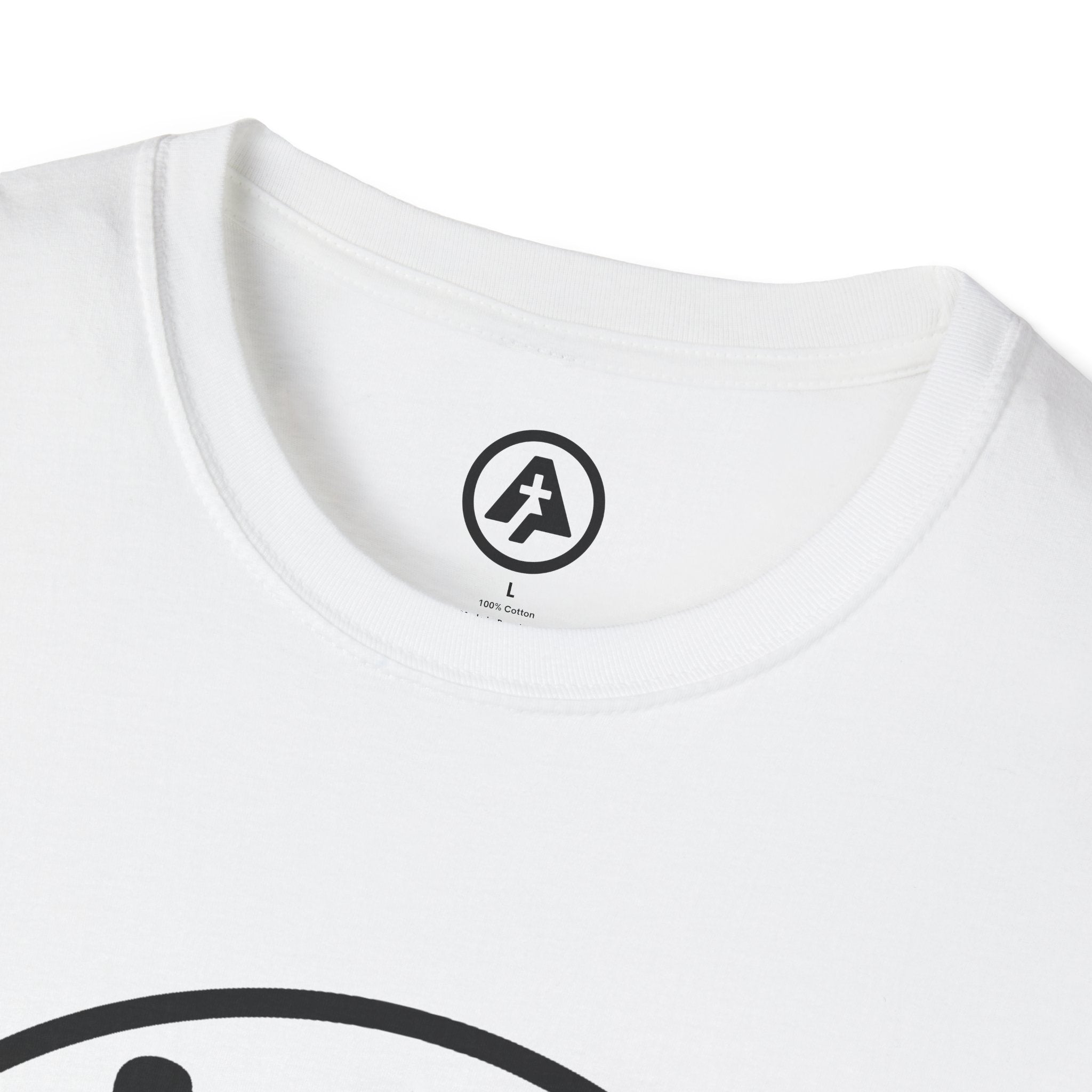 White t-shirt with a black logo on a white background