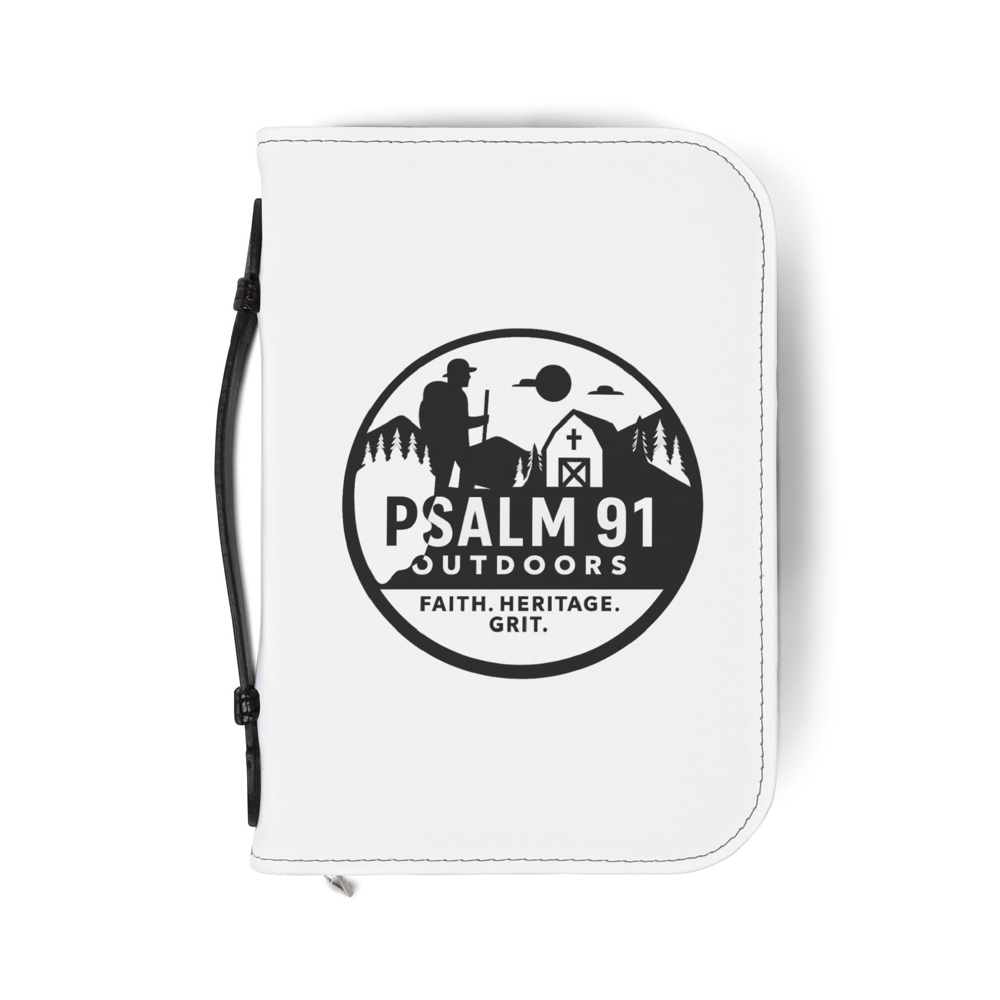 White pouch with black 'Psalm 91 Outdoors' logo on a white background